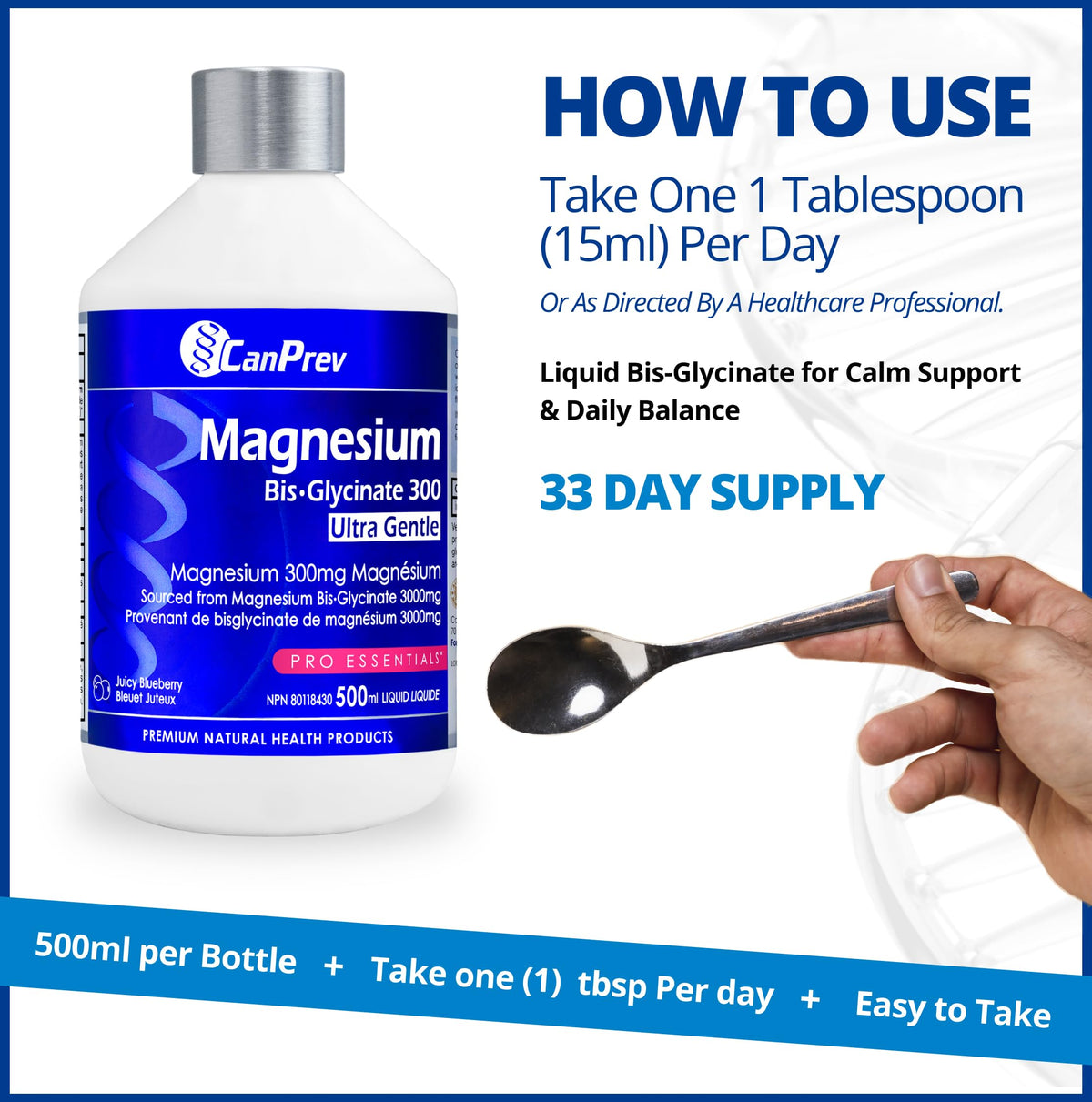 CanPrev Magnesium Bisglycinate Liquid, 300mg, 500ml, 33 Servings, Blueberry