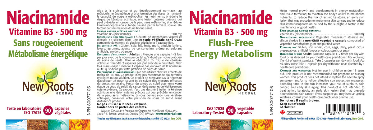 New Roots Herbal Niacinamide 500 mg, Niacin, Vitamin B3, 90 Veg Capsules