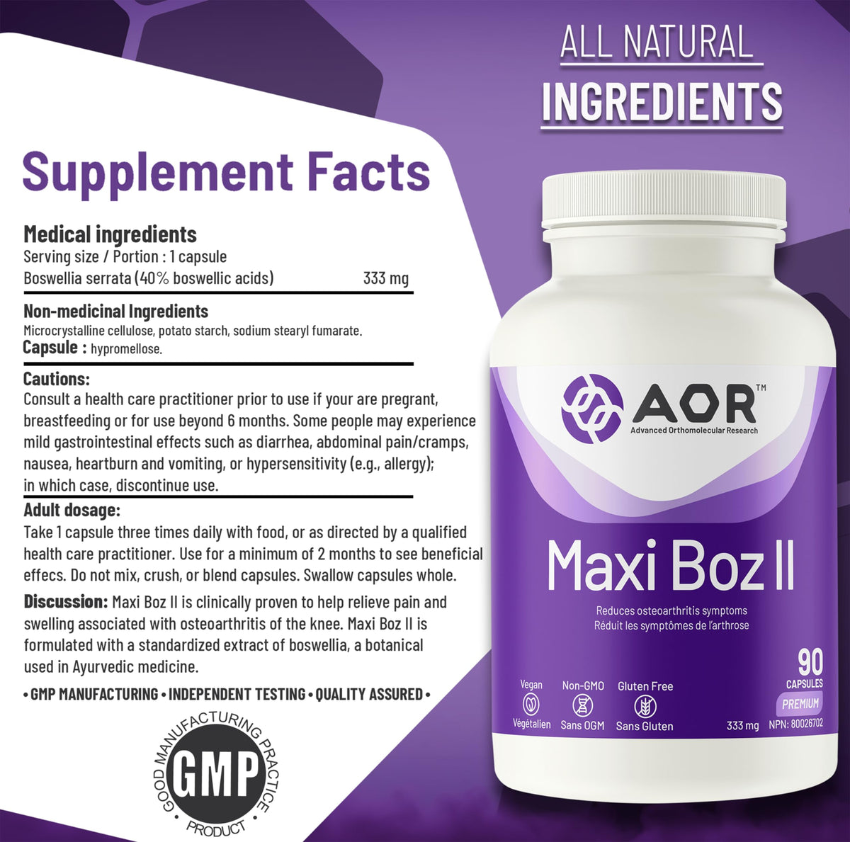 AOR Maxi-Boz II Vegan Gluten Free Boswellia Supplement, 333 mg, 90 Capsules