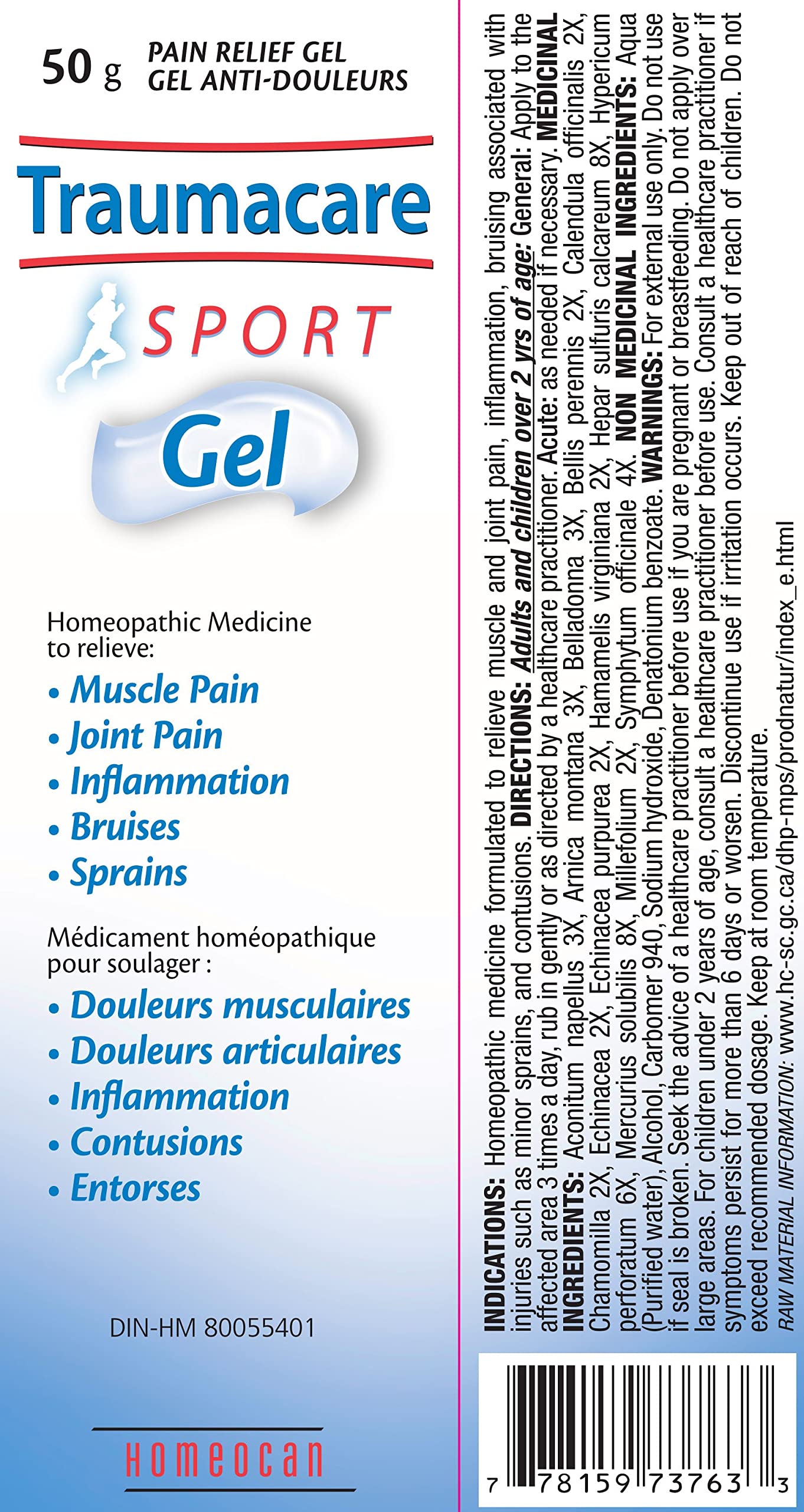 Homeocan Traumacare Sport Gel tube 50 g, gel à l'arnica pour les modes de vie actifs, absorption rapide, non gras, préparation homéopathique, soulage les douleurs liées à l'activité physique, les petits coups et les tensions quotidiennes