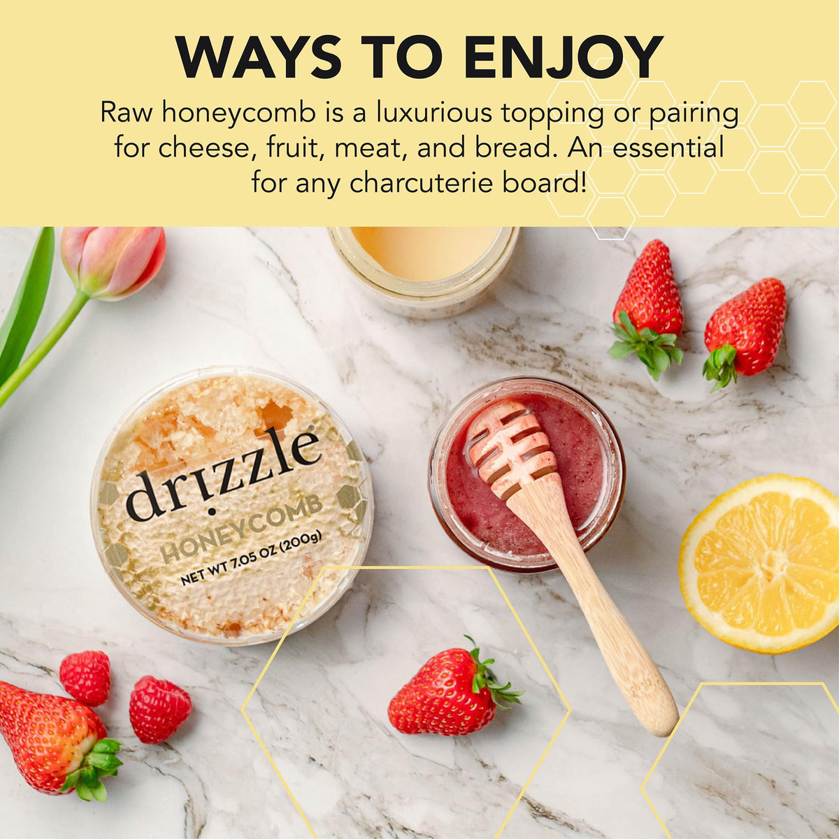 Drizzle Raw Honeycomb, 100% Edible Comb Honey for Cheese Boards, 200 g/7 oz