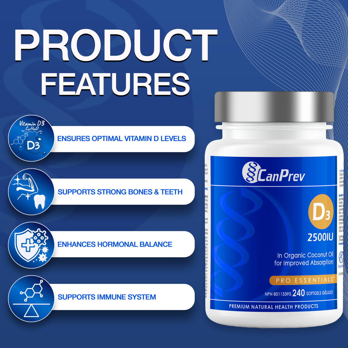 CanPrev Vitamin D3 2500 IU Softgels, MCT Oil, Lanolin-Derived, 240 Softgels