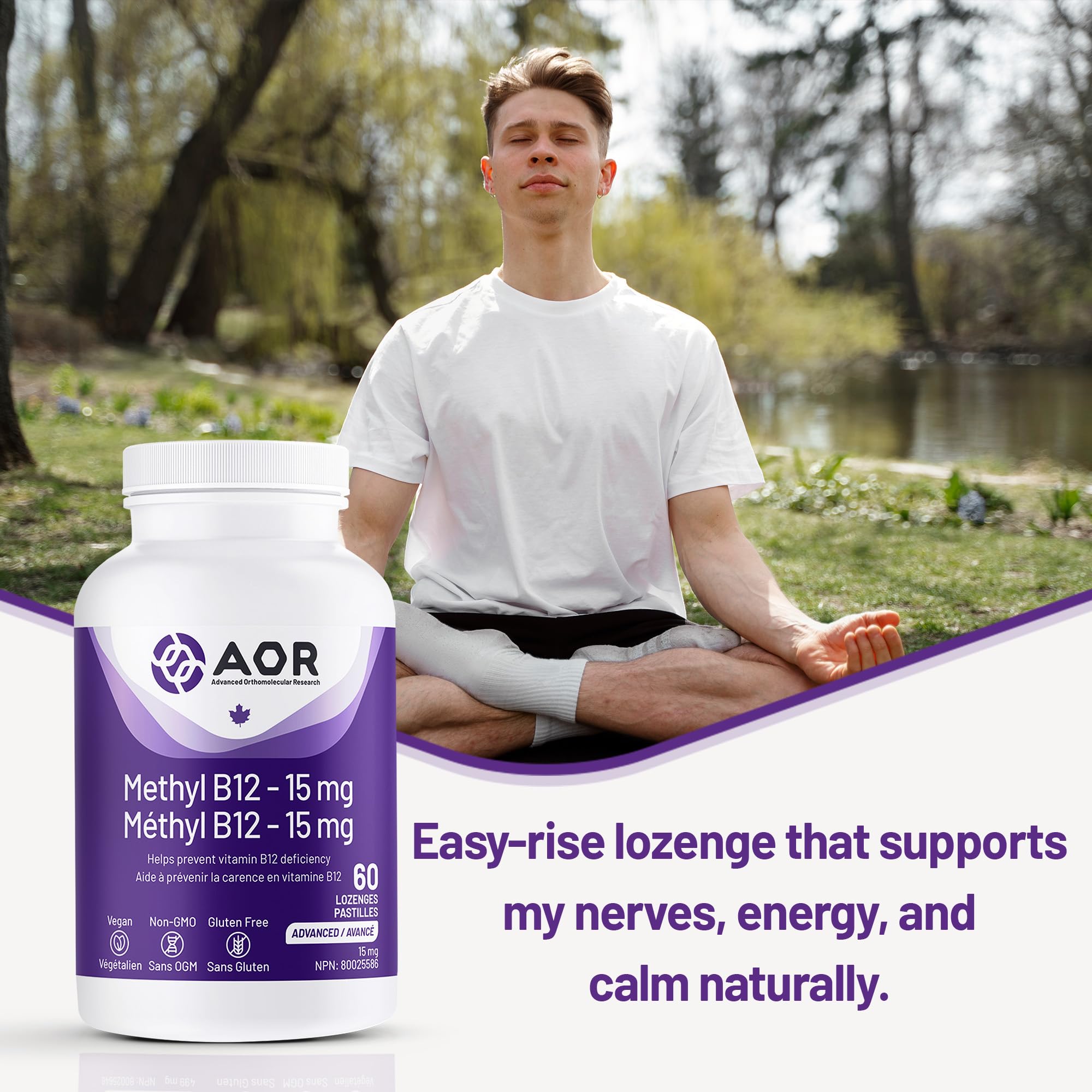 AOR - Méthyl B12, 60 pastilles - Vitamine B12 Méthylcobalamine - Complément favorisant la santé nerveuse - Supplément végétalien de B12 - Aide à prévenir la carence en vitamine B12 - Capsules de B12 méthylée