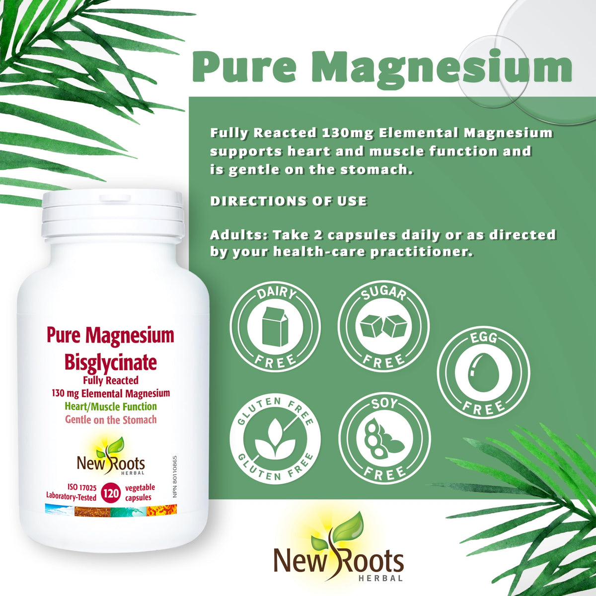 New Roots Herbal Magnesium Bisglycinate, 130mg, 120 Capsules, 60-Day Supply