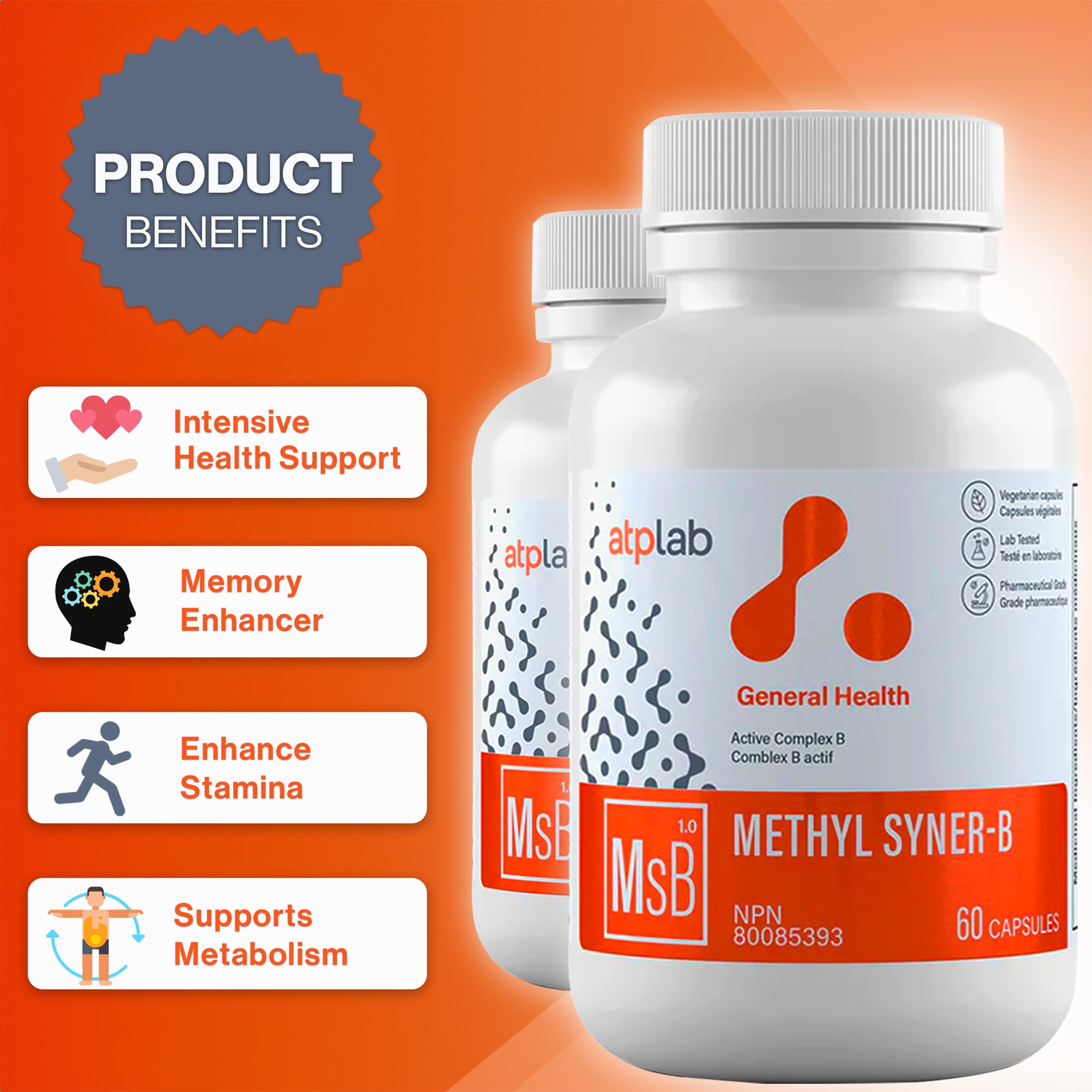 ATP LAB - Methyl Syner-B Complexe de Vitamines B 60 Capsules 30 Jours d'Approvisionnement - Vitamines B Méthylées - Suppléments Cérébraux pour la Mémoire et la Concentration - Vitamine B Méthylée