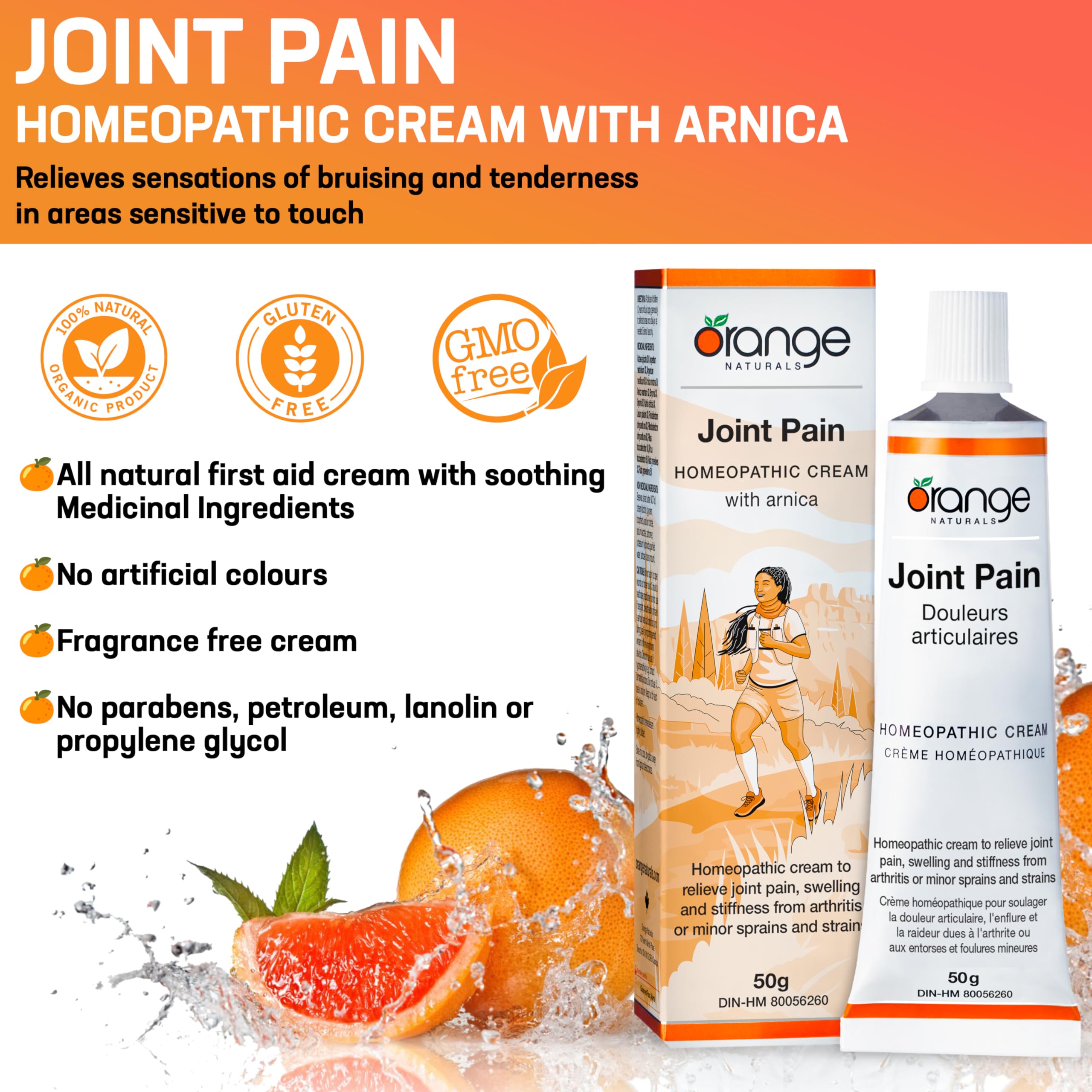 Orange Naturals Crème Douleur Articulaire à l'arnica, 50g – Soulagement apaisant pour les tensions musculaires, les contusions, les gonflements et les entorses, les douleurs au genou et à l'épaule – Crème non grasse pour un confort quotidien