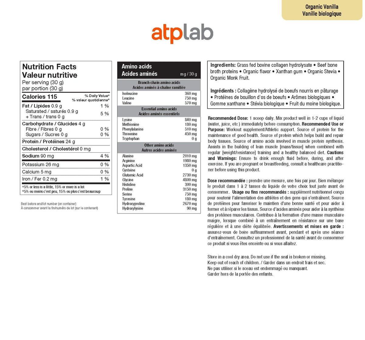 atplab Beef Protein Powder, Bone Broth, Vanilla, 1.6 kg, 54 Servings
