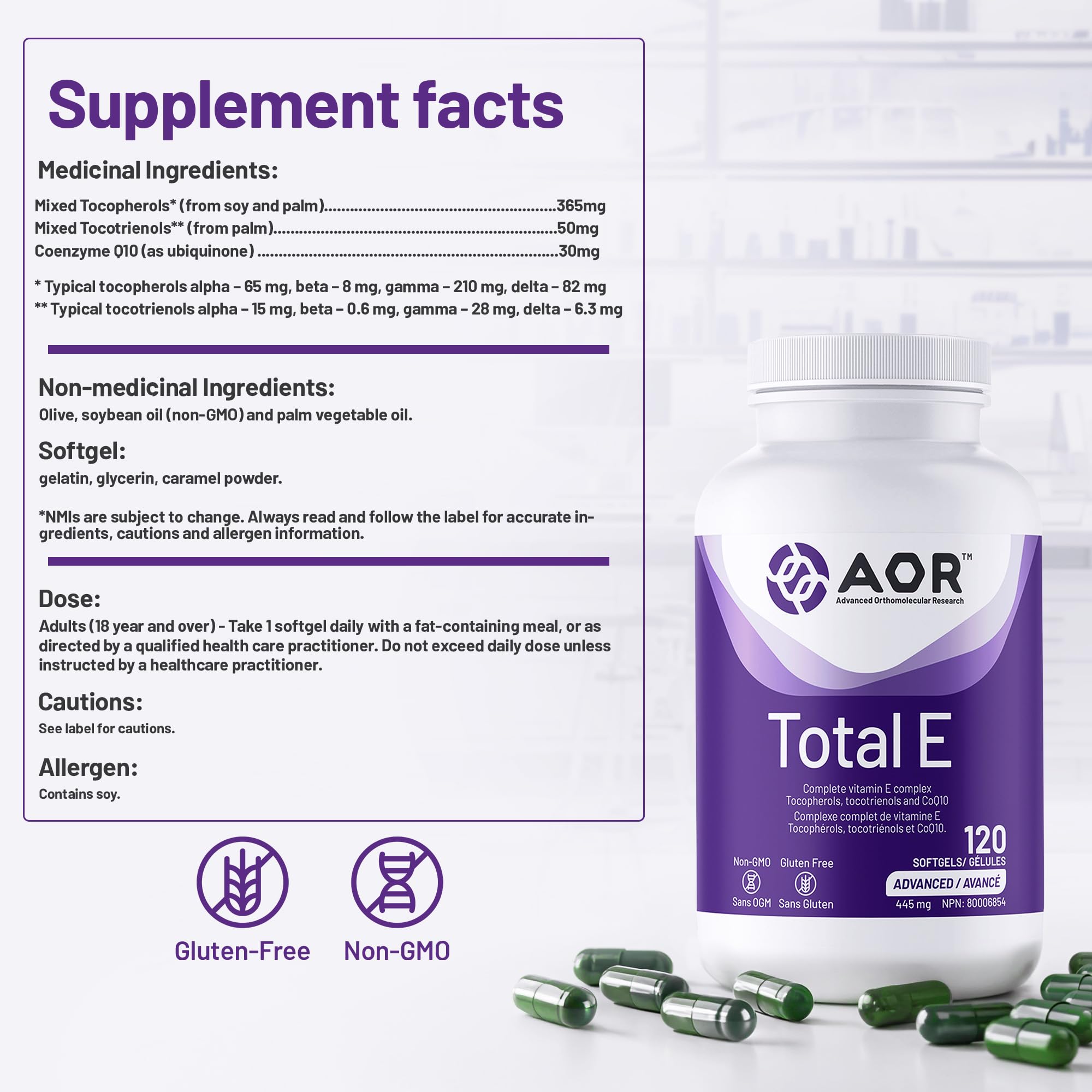 AOR Total E 445 mg, 60 gélules – Cure de 60 jours – Supplément de vitamine E avec tocotriénols et coenzyme Q10 ubiquinol CoQ10 – Soutien cardiovasculaire et antioxydant – Vitamine E8 pour la peau, le visage et les cheveux