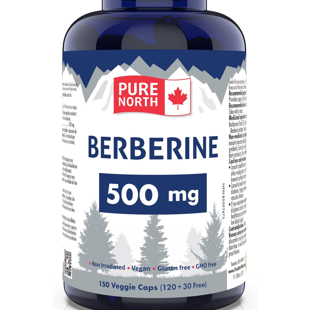 PURE Berberine 500mg 150 vcaps, 75-Day Supply - Supports Blood Sugar Metabolism + Cardiovascular Health - Formulated and made in Canada by PURE NORTH NATURALS