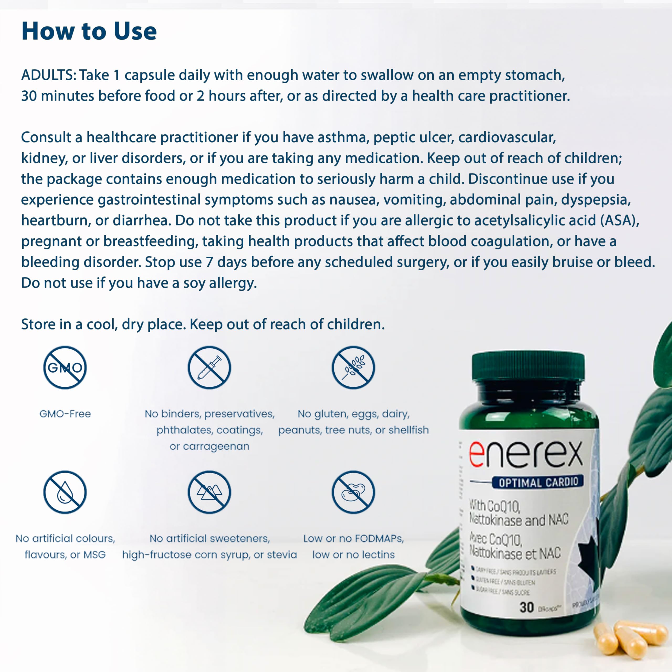 ENEREX Optimal Cardio Support, 30 DRCaps - Enrichi en Coenzyme Q10, Nattokinase & L-5-MTHF, Soutient la fonction cardiovasculaire, l'équilibre de la pression artérielle, Formule riche en antioxydants et en folate
