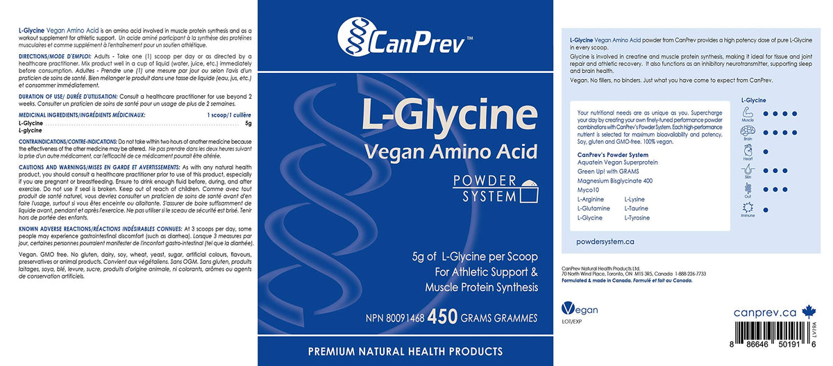 CanPrev L-Glycine Supplement Powder, Unflavoured, Vegan, 450g, 90 Servings