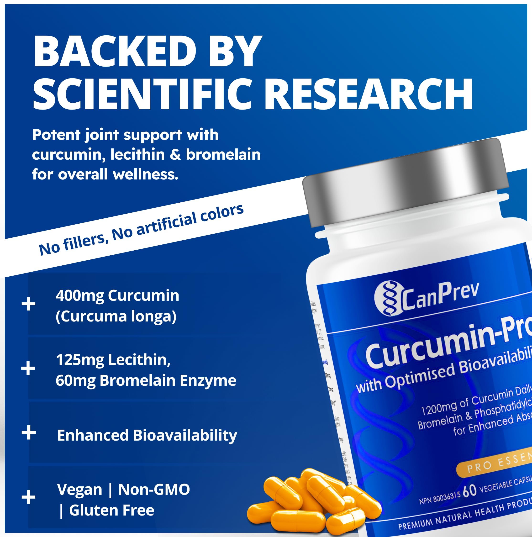 CanPrev Curcumine Pro 60 V-Capsules végétaliennes - 1200mg - Enrichie en phosphatidylcholine et bromélaïne pour une absorption optimale - Un mélange de curcumine de curcuma pour le soutien des articulations