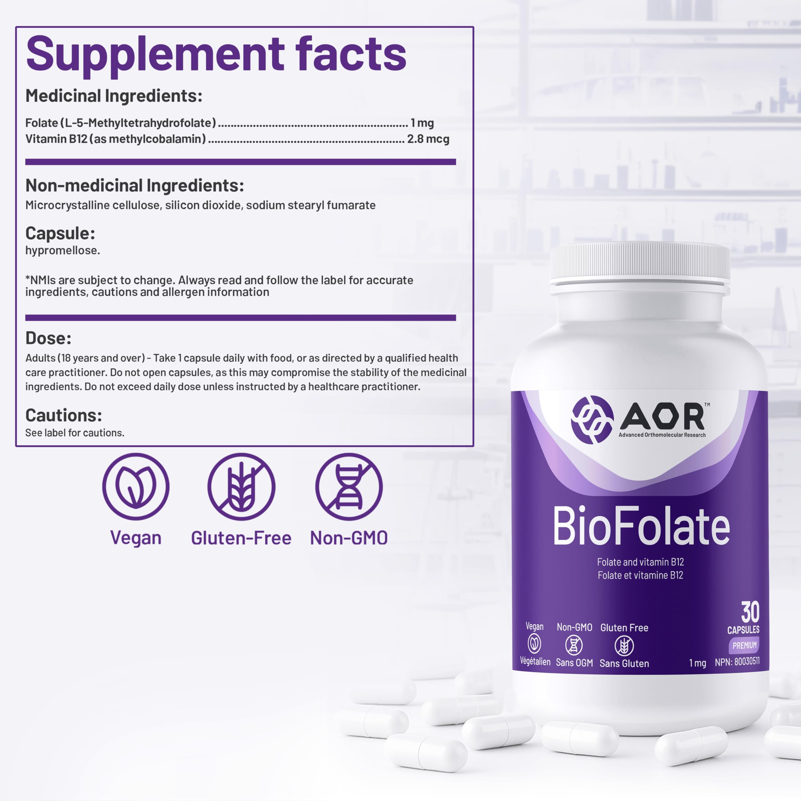 AOR BioFolate 1mg Méthylfolate 5-MTHF Plus Supplément B12, végétalien, sans OGM et sans gluten, Vitamine B9 Folate active, Méthyl B12 pour le soutien cardiovasculaire et le bien-être nutritionnel
