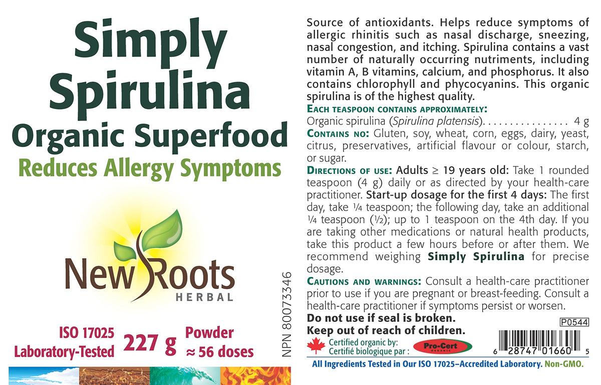 New Roots Herbal Spirulina Powder, No Additives, 227g, 56 Servings