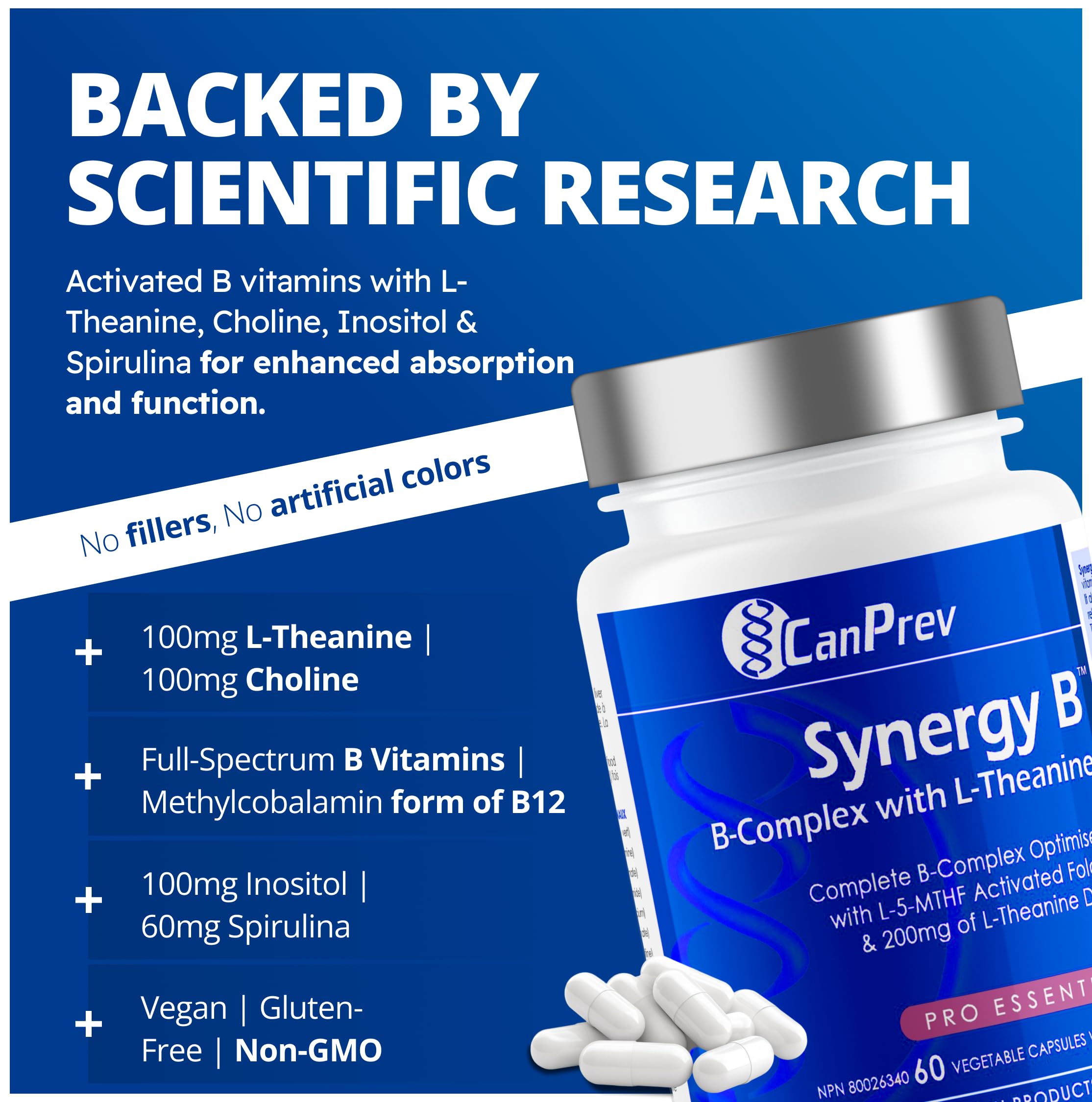 CanPrev Synergy B Complex 60 V-Caps 30-Day Supply - Vitamin B Supplement with L-Theanine 200mg - Complete B Complex Optimized with L-5-MTHF Activated Folate & Spirulina - Vegan, Non-GMO & Gluten-Free