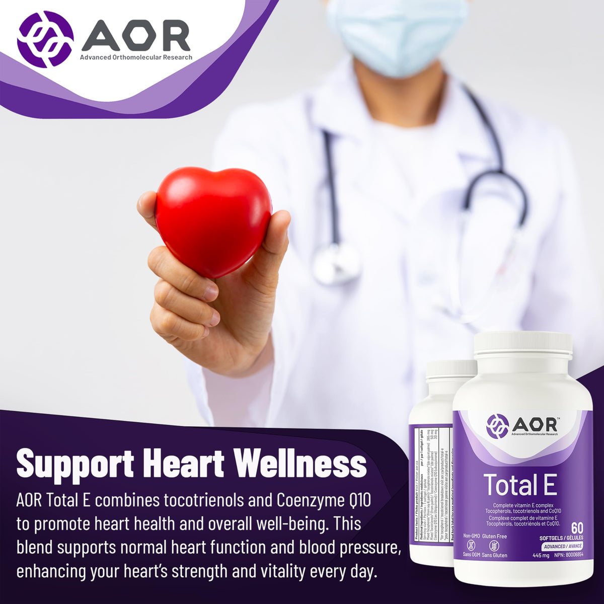 AOR Vitamin E Softgels, Total E, All 8 Forms, 30 mg CoQ10, 60-Day Supply