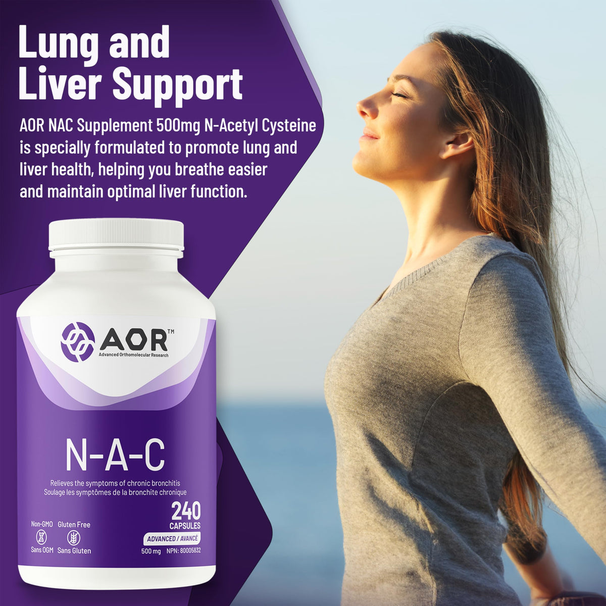 AOR NAC Supplement 500mg Capsules, 1 per Day, 240 Capsules, 8 Month Supply
