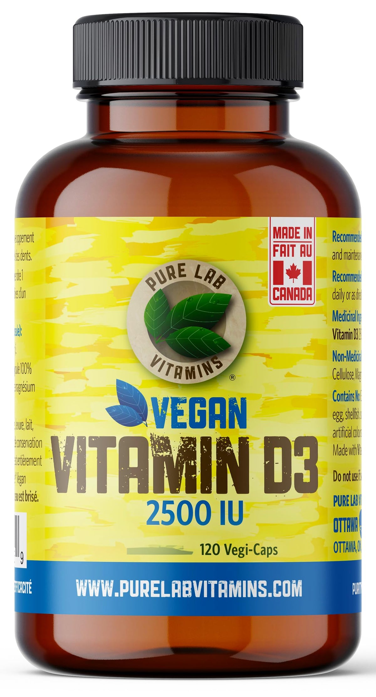 Pure Lab Vitamins | Vegan Vitamin D3 2500IU | 120 Capsules | Bone Health, Teeth Health & Immune System Support | Vitamin D3 Cholecalciferol | Vitamin D3 Capsules | Vitamin D3 Supplement