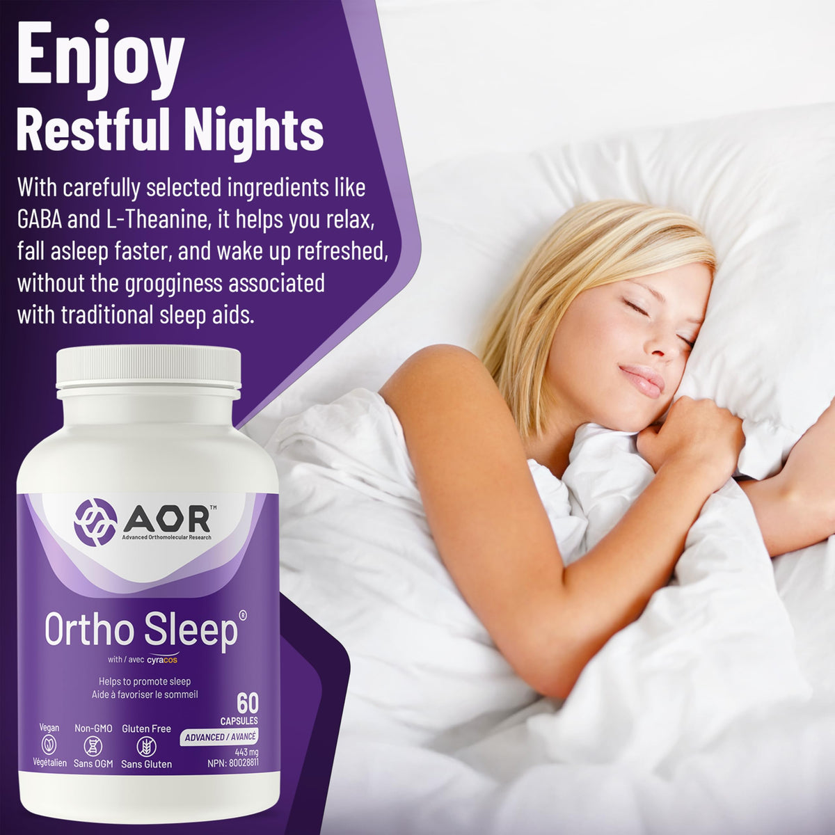 AOR Ortho Sleep Melatonin Capsules for Adults, Jet Lag Support, 60 Capsules