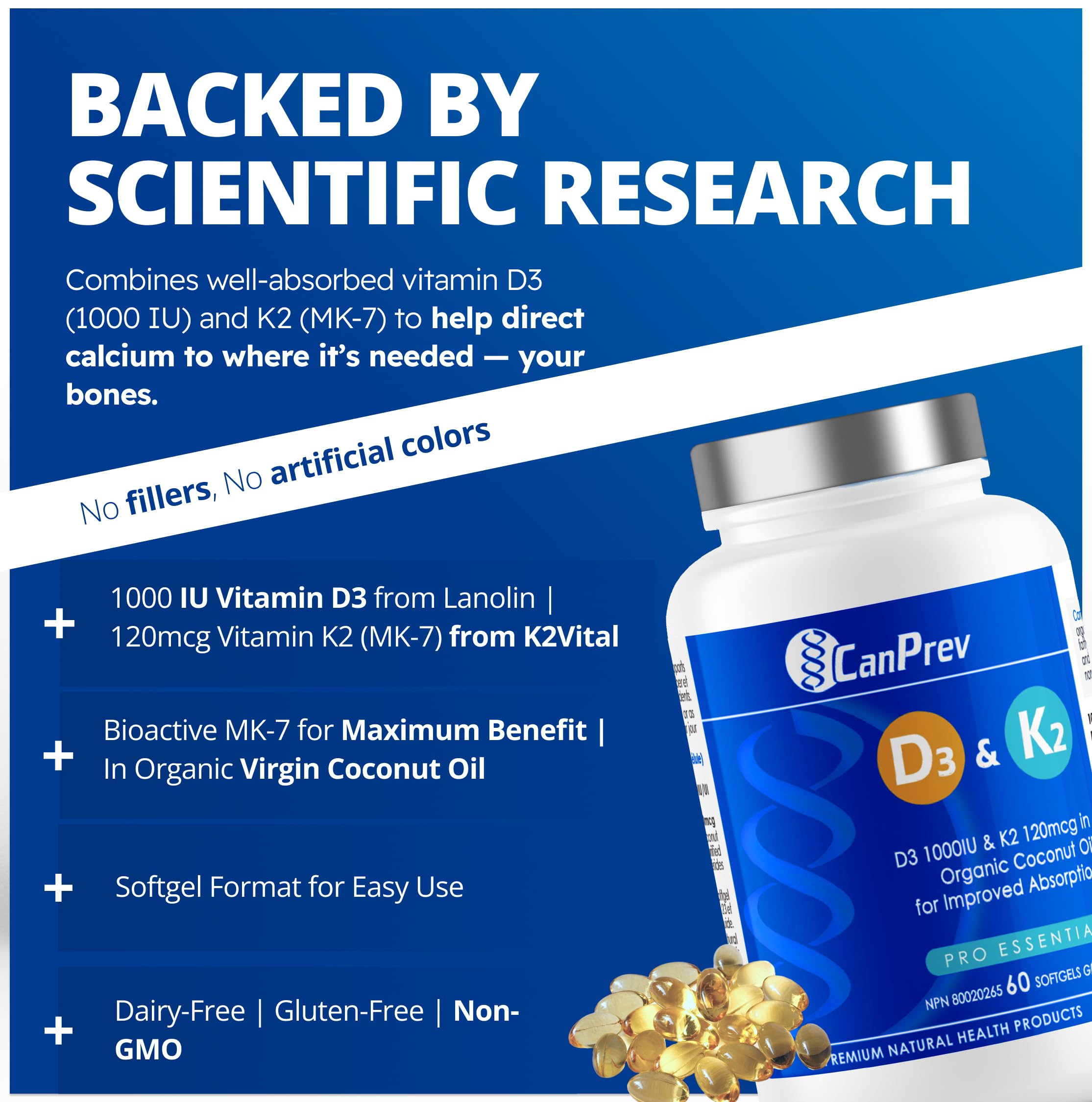 CanPrev D3 & K2 - Huile de coco biologique l Aide à la formation et au maintien de la santé osseuse l Avec vitamine D3 et K2