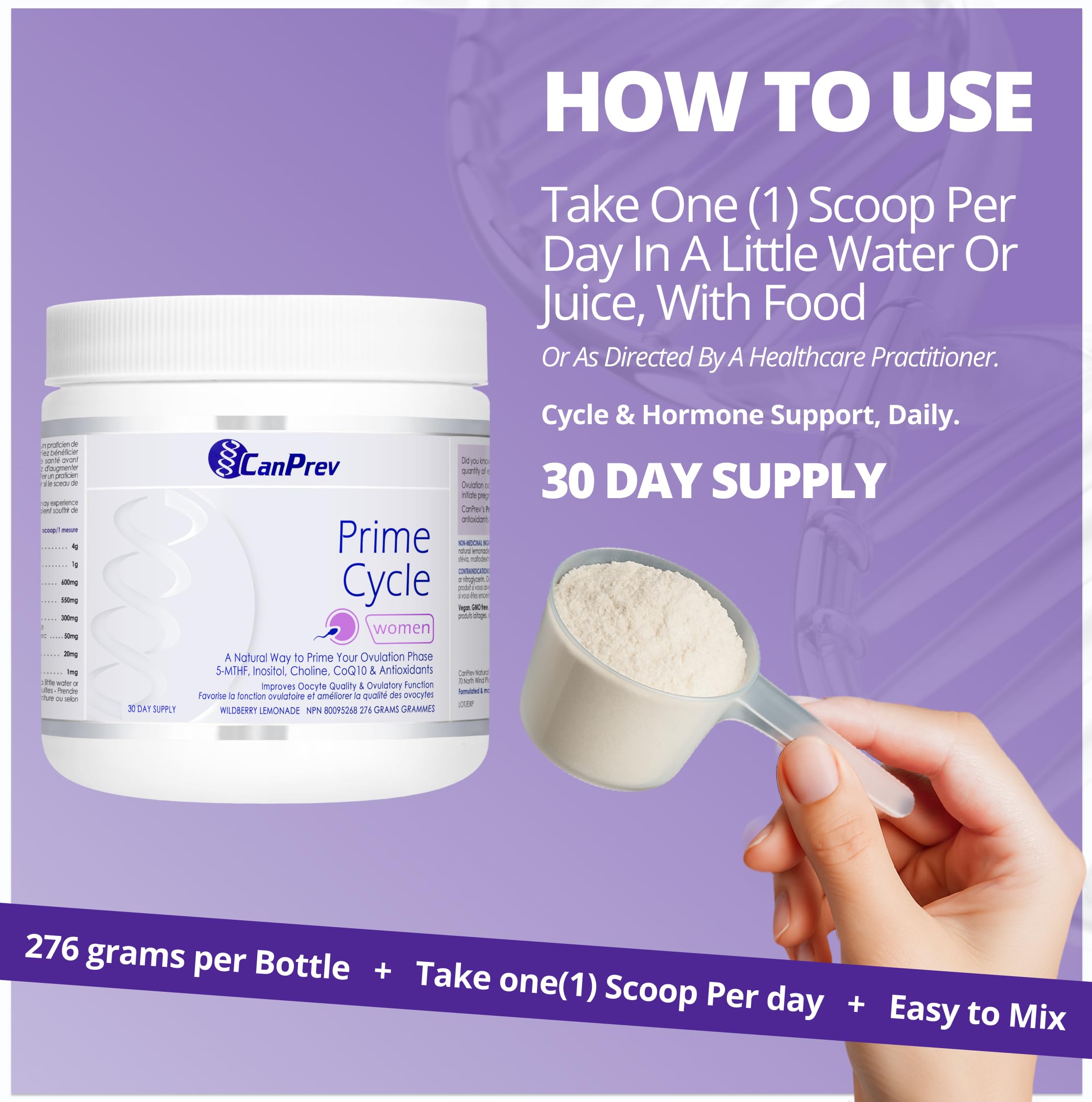 CanPrev Prime Cycle pour femmes, 276 g, cure de 30 jours – Poudre d'inositol pour soutenir une fonction ovulatoire saine et la qualité des ovocytes avec du Myo-Inositol, du Coenzyme Q10 – Soutient la fertilité et le développement précoce