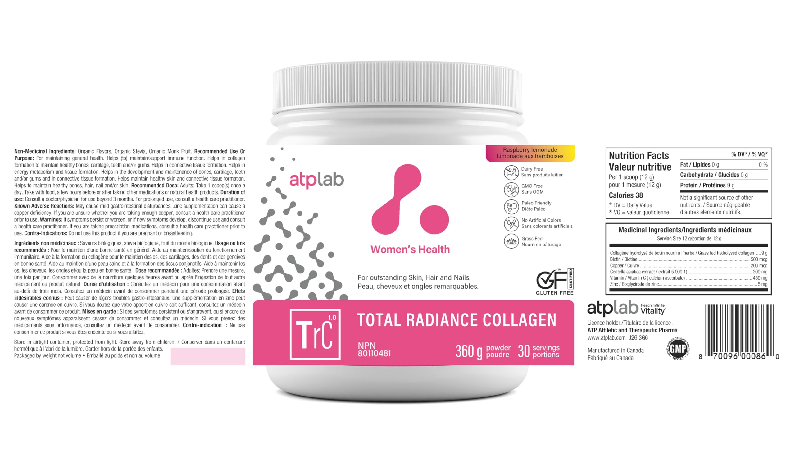 ATP LAB - Total Radiance Collagène 360g - Poudre de protéines de collagène pour femmes - Pour la peau, les cheveux et les ongles - Suppléments de collagène pour femmes