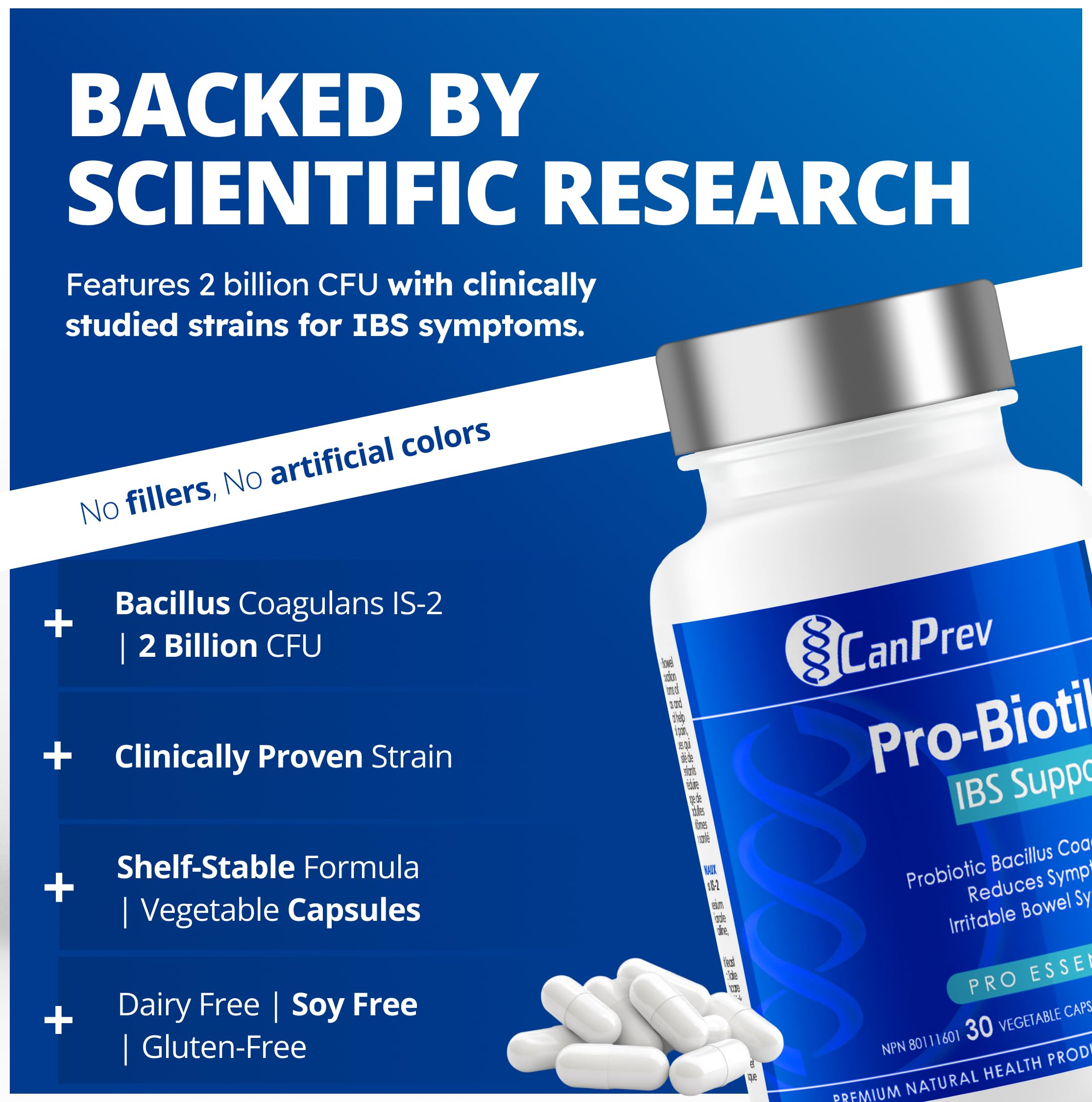 CanPrev Pro-Biotik IBS Support, 30 V-Caps 30-Day Supply - Women and Men Probiotic - 2 Billion Active Cells for Digestive Support - Comfortable Digestion & Balanced Gut Flora - Bloating and Gas Relief