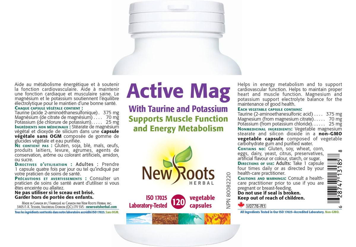 New Roots Herbal - Active Mag with Taurine and Potassium, 120 Capsules 30-Day Supply - Magnesium Citrate Supplement - Supports Electrolyte Balance, Helps to Maintain Proper Heart and Muscle Function
