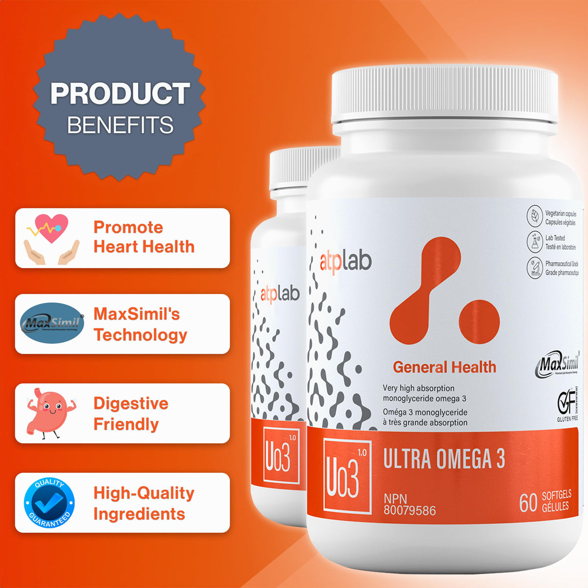 atplab Ultra Omega 3 Fish Oil Softgels, EPA DHA, 60 Softgels, 60-Day Supply