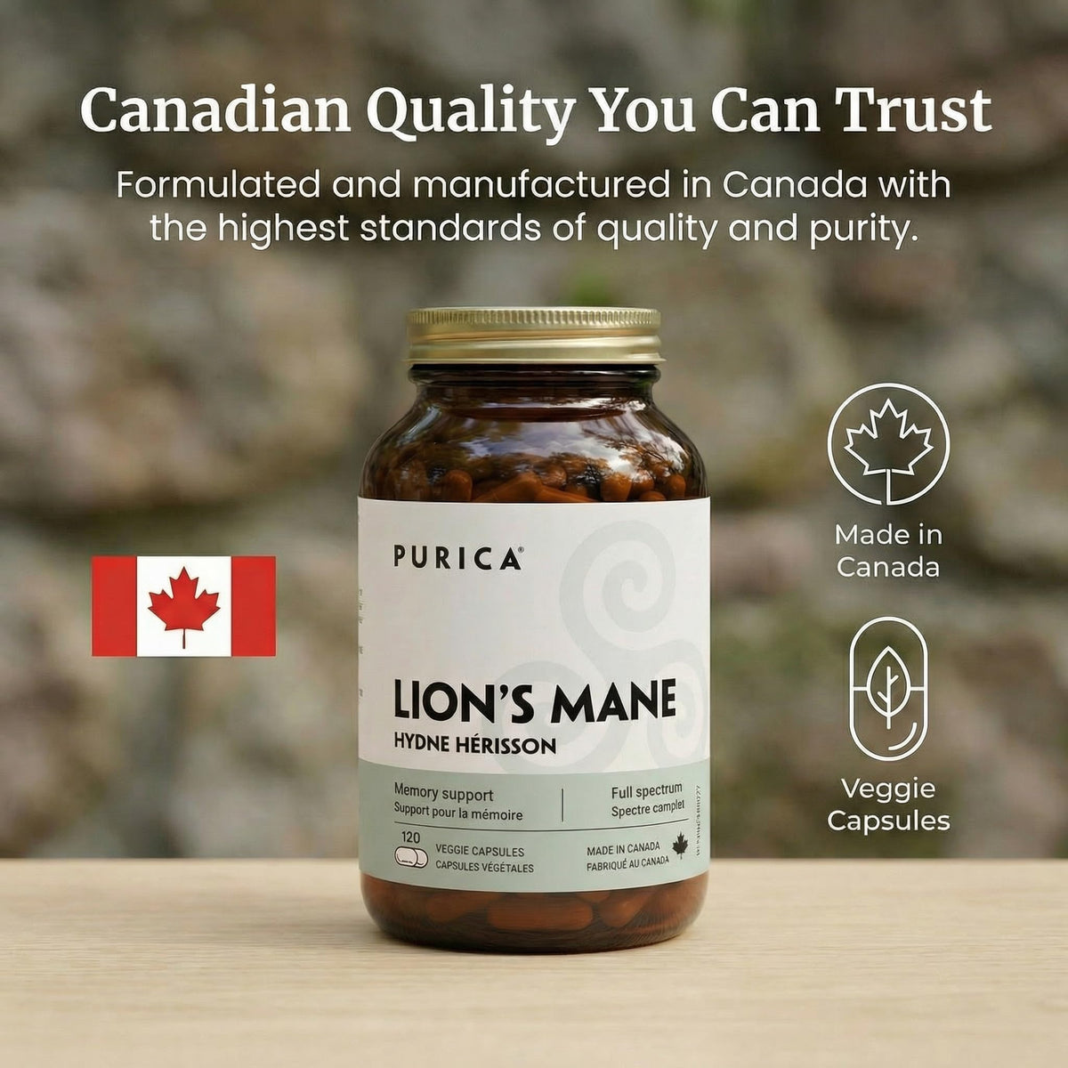 PURICA Lion's Mane Mushroom Supplement, 400 mg, 120 Capsules, 60-Day Supply