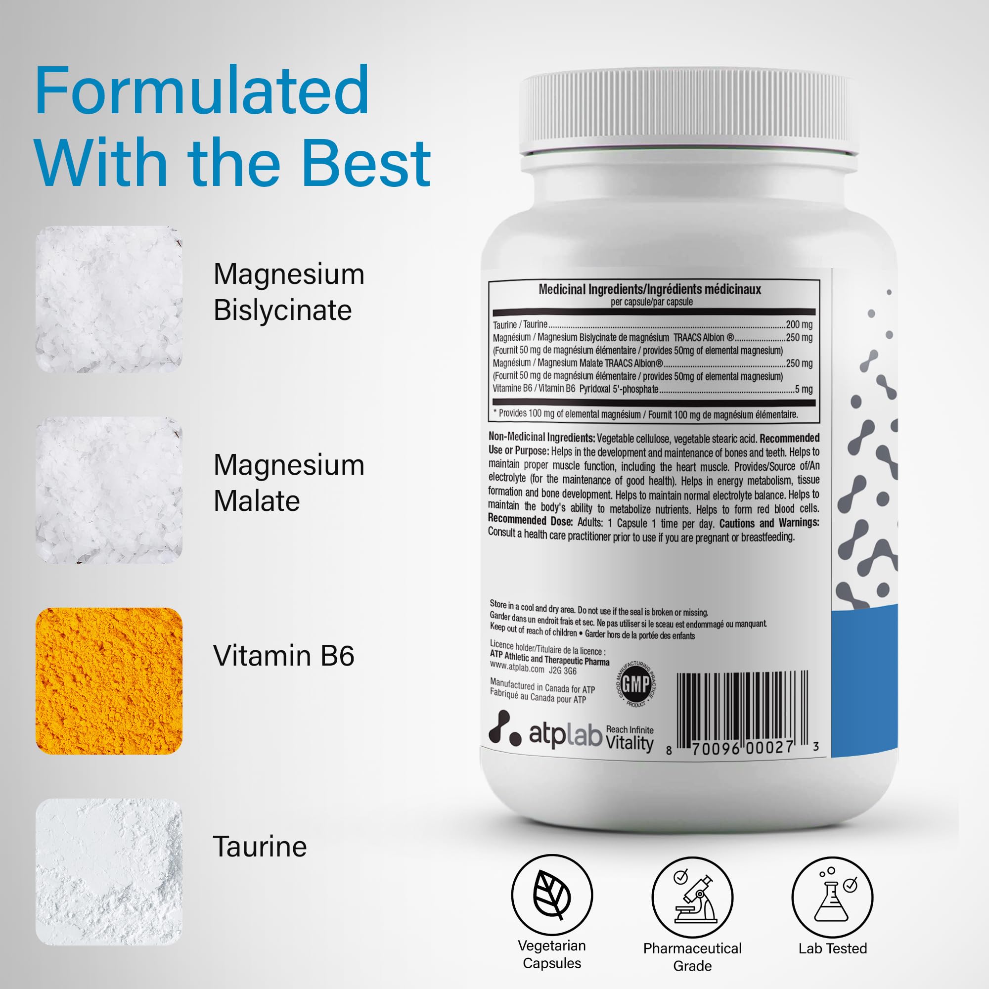 ATP LAB - Synermag 90 gélules - Cure de 90 jours - Bisglycinate et malate de magnésium, taurine et vitamine B6 hautement concentrés - Santé des os, des muscles et des dents