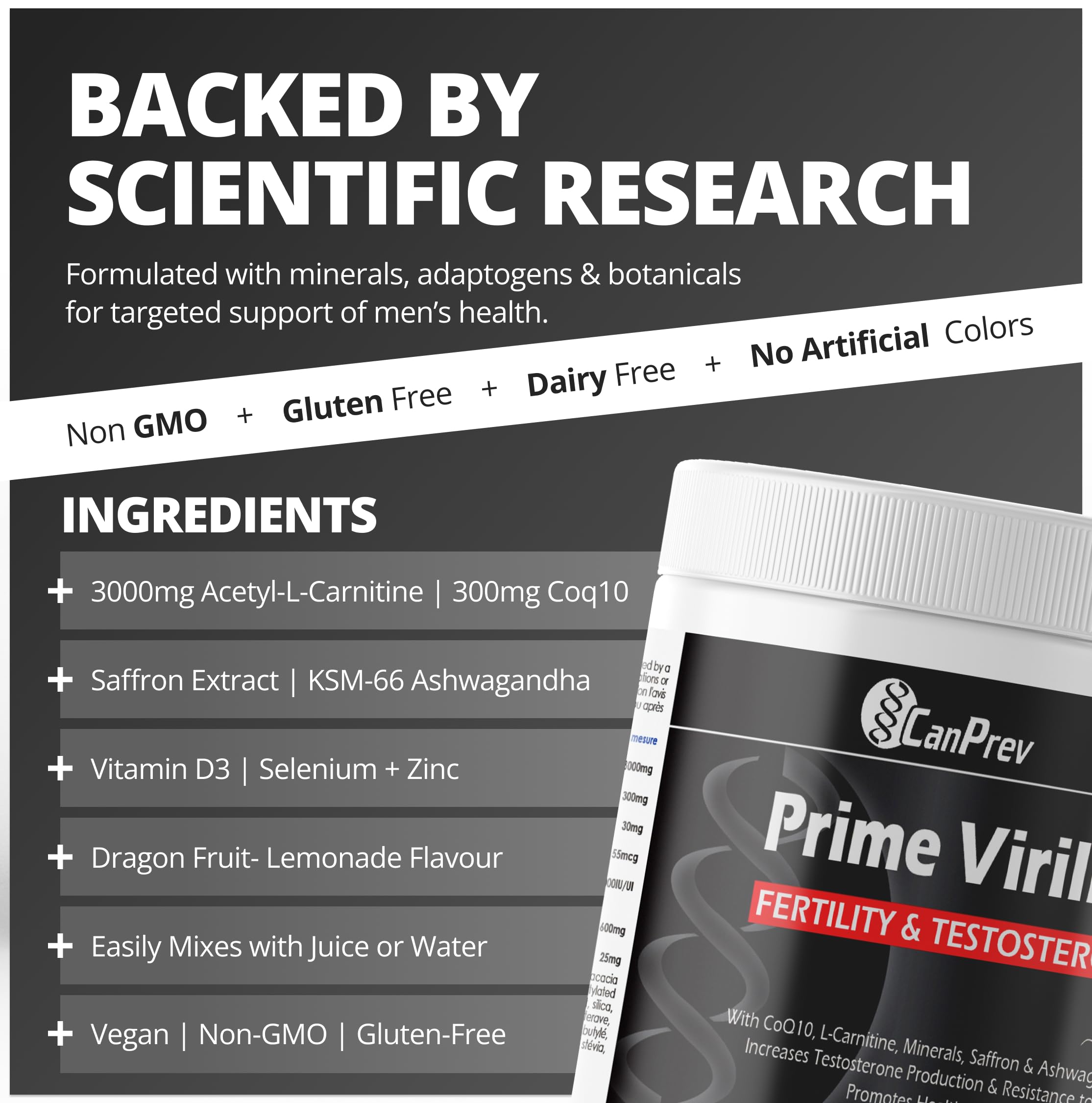 CanPrev Prime Virilité, Poudre 150g - Supplément de fertilité et de testostérone pour hommes avec Ashwagandha KSM-66, Glycinate de Zinc, CoQ10 et Safran - Soutien au bien-être pour la vitalité et l'équilibre