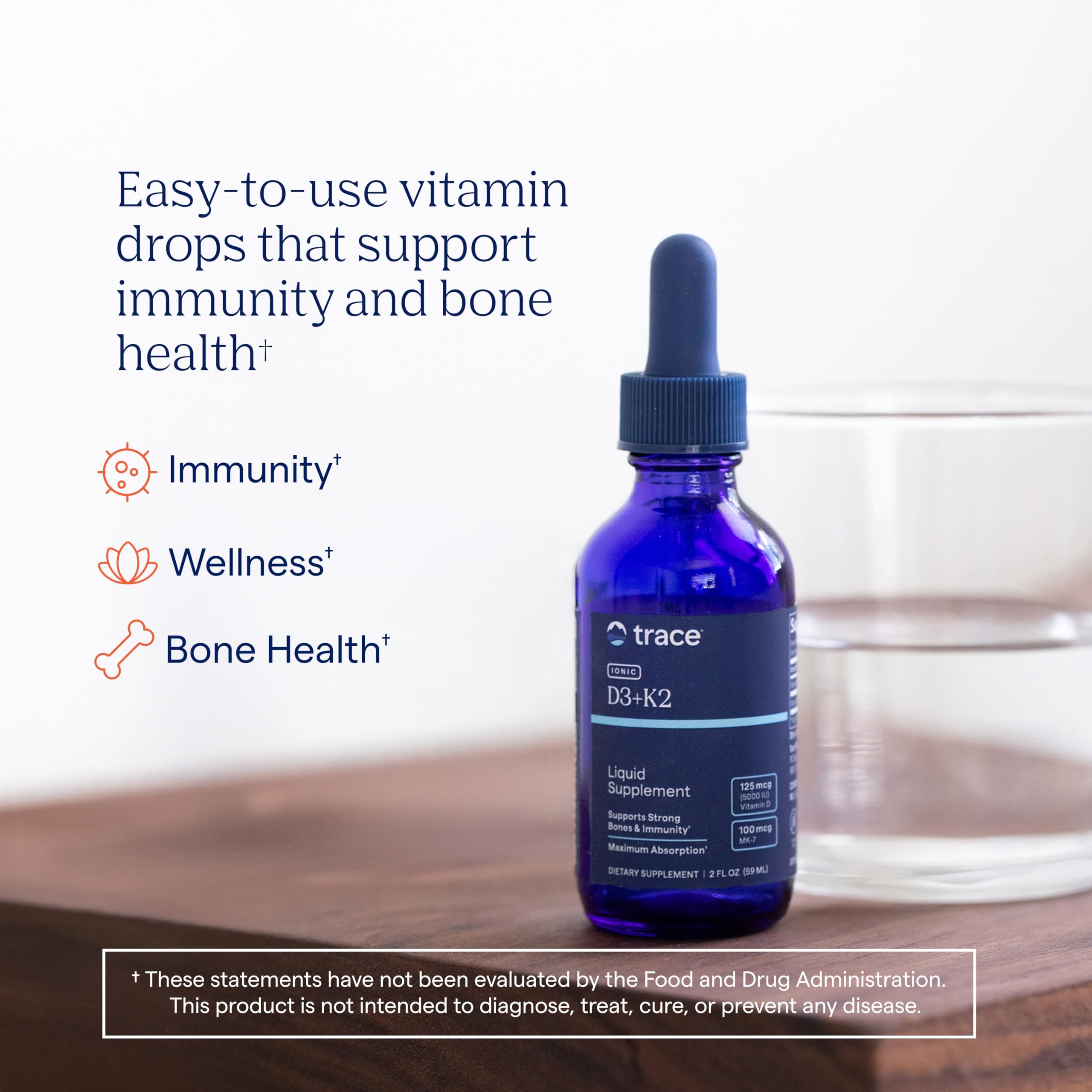Trace Minerals | Liquid Ionic Vitamin D3 + K2 | 125 mcg (5,000 IU) D3, 100 mcg K2 | Concentrated Dietary Supplement | 2 fl oz. 296 Servings