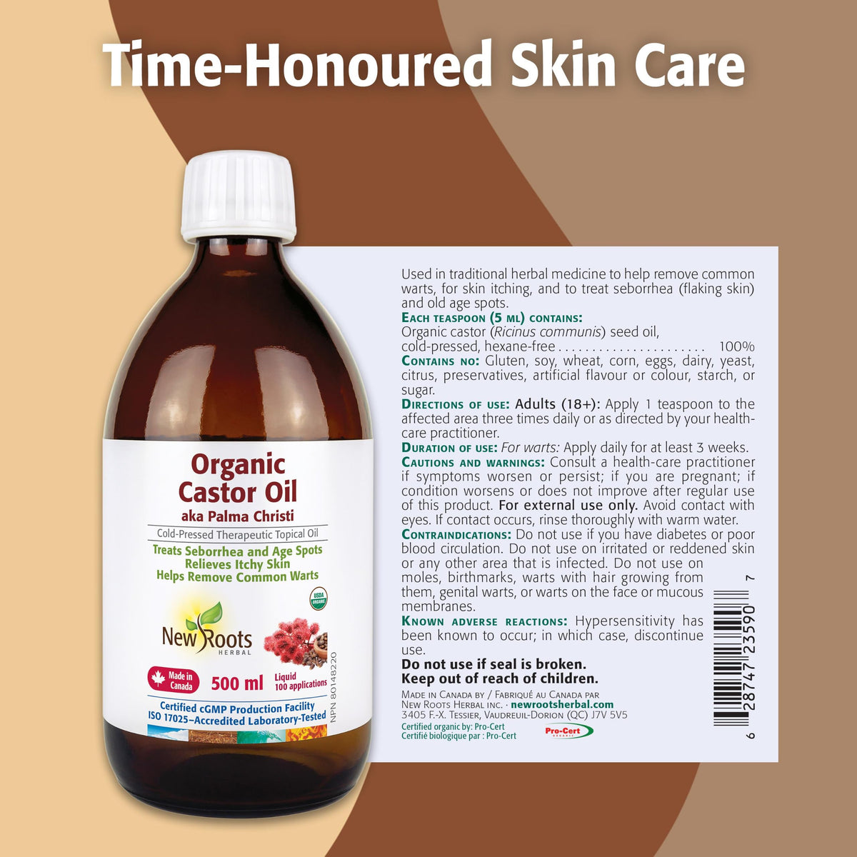 NEW ROOTS HERBAL Moisturizing Organic Castor Oil, 500 ml, Unscented, for Dry Skin, Cold-Pressed, Hexane-Free, Single Ingredient, Oil