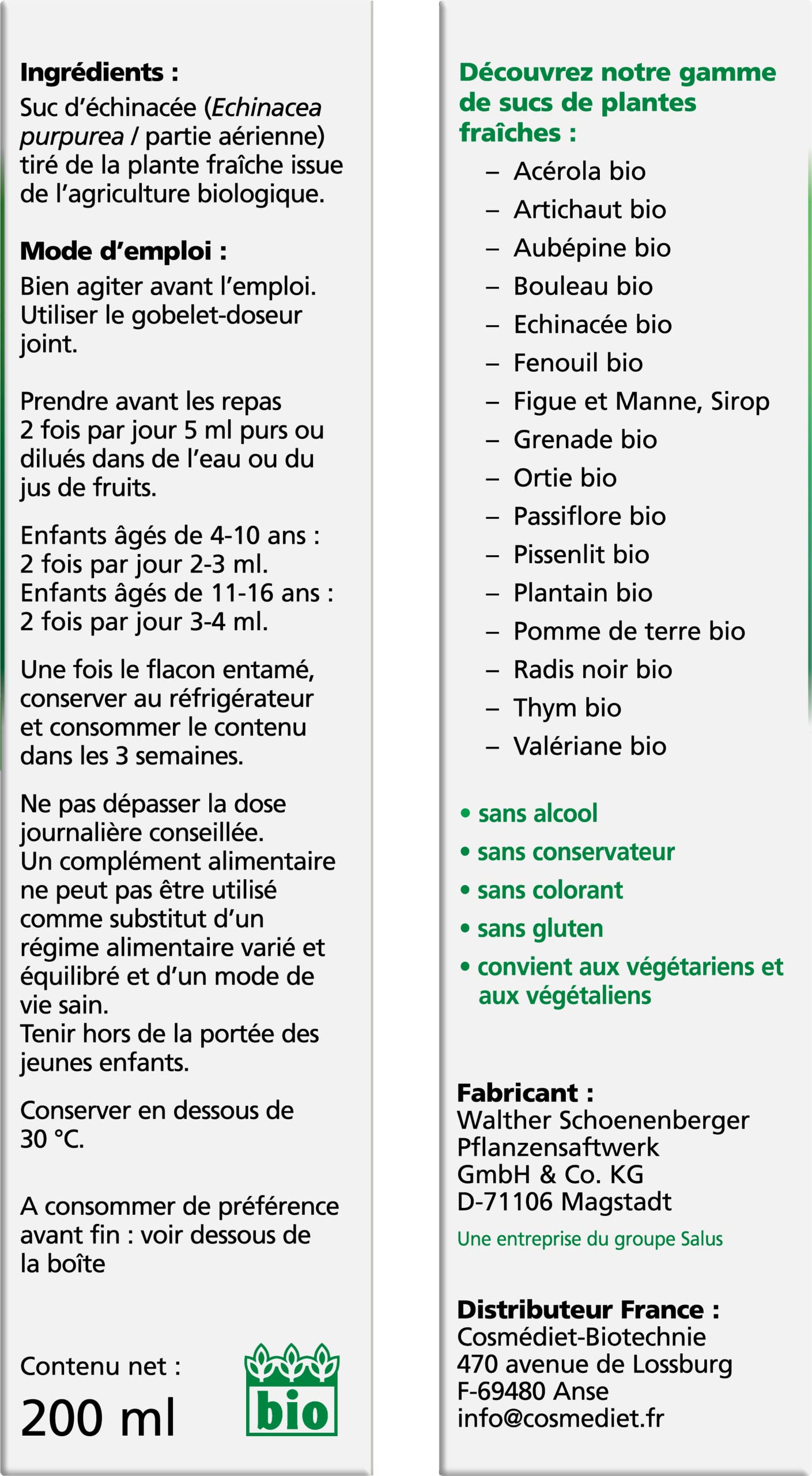 Jus de plante fraîche d'échinacée Salus | Complément à base de plantes pour la toux et le rhume | Réduit l'inflammation | Soutien du système immunitaire pour adultes et enfants | Convient aux végétaliens