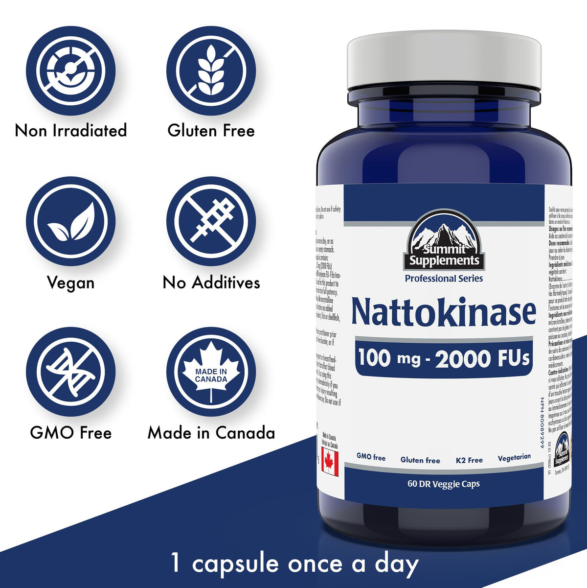 Nattokinase 100mg 2000 FU, 60 DR Vegetarian Capsules, 60-Day Supply - Supports Cardiovascular & Heart Health, Non-GMO, Gluten-Free - Promotes Circulation & Vitality, Proudly Canadian, Plastic Negative