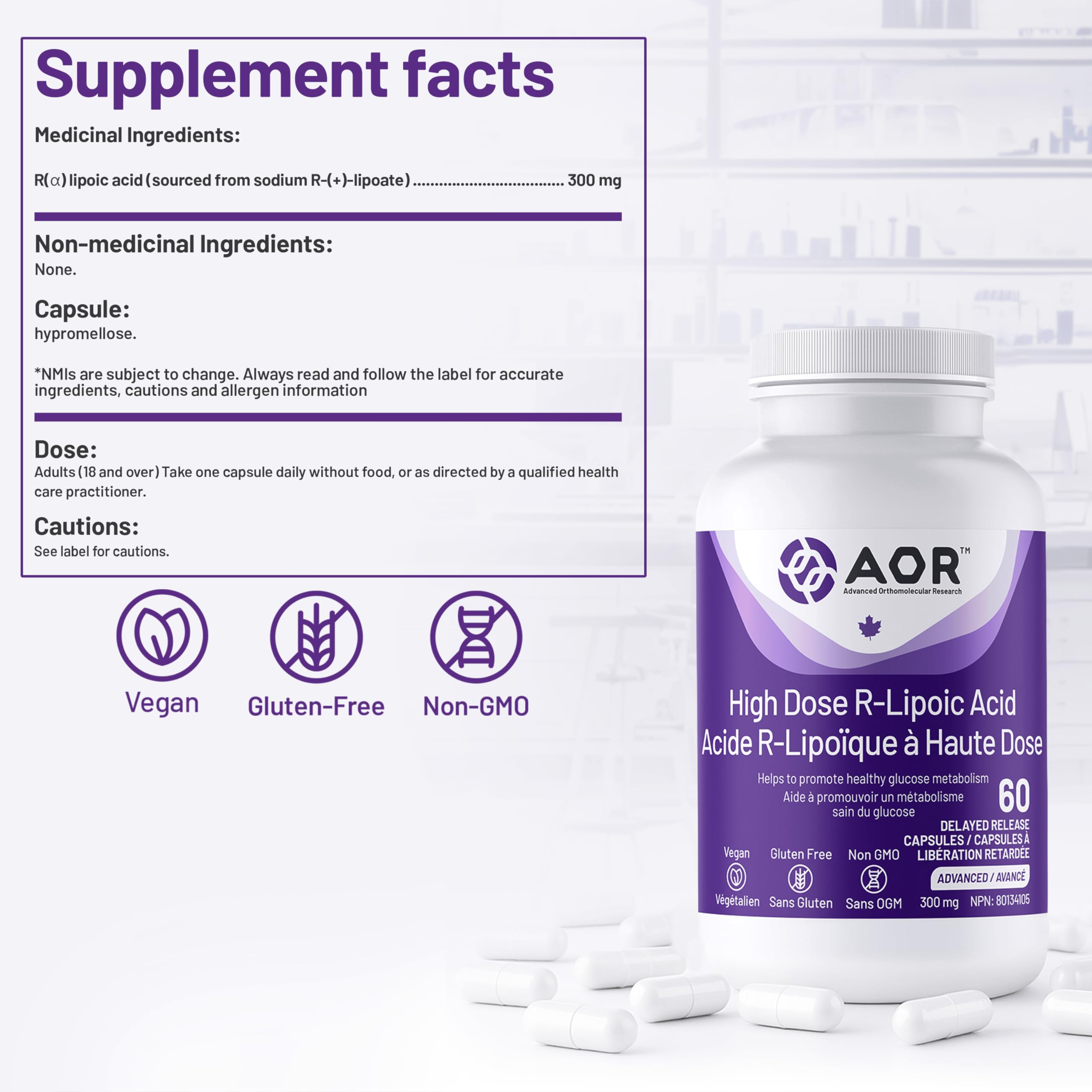 AOR High Dose R-Lipoic Acid 300mg 60 Capsules - Vegan & Gluten-Free Alpha Lipoic Acid Supplement, Support Antioxidant, Carbohydrate Metabolism, Digestive Wellness, Promote Liver Function
