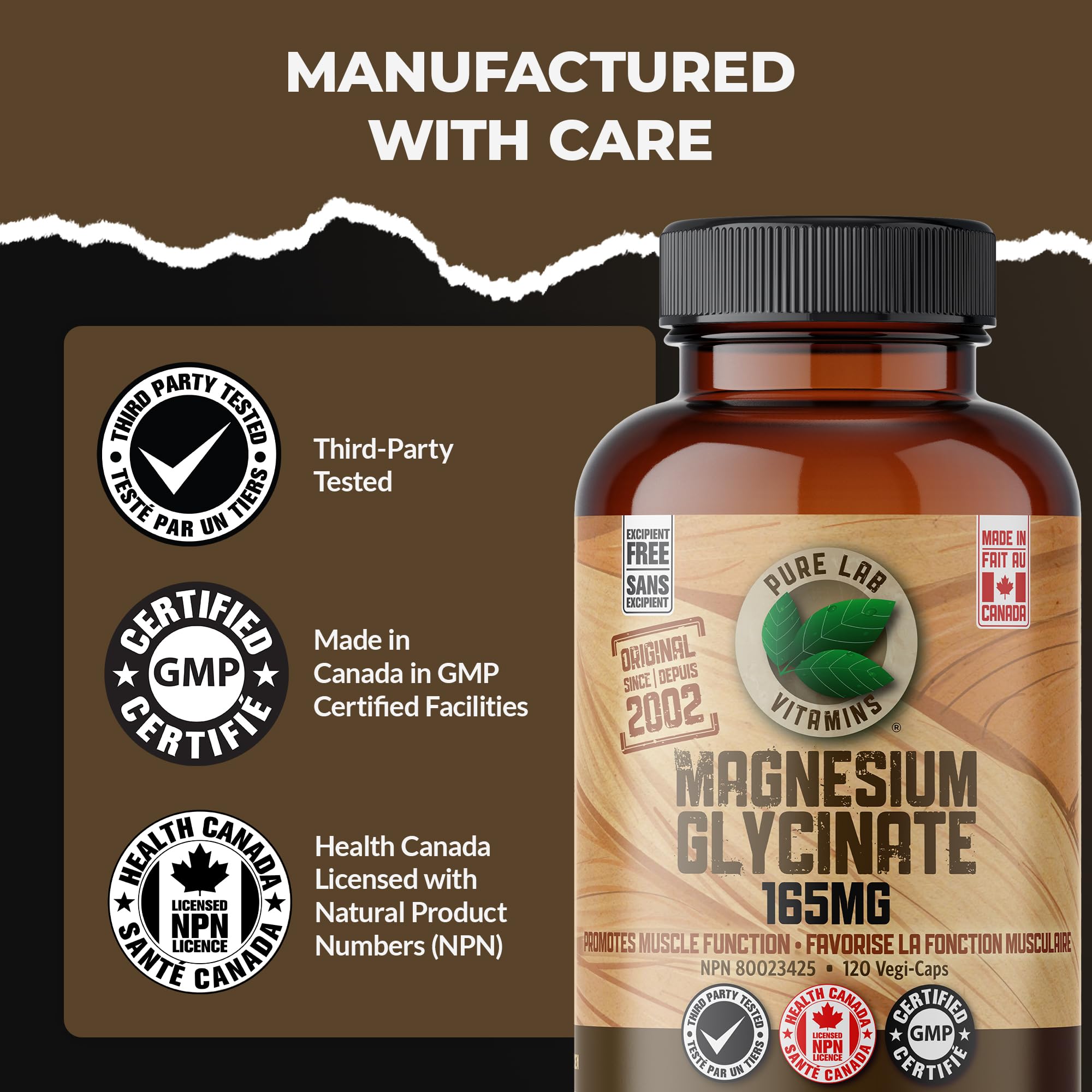 Pure Lab Vitamins | Magnesium Glycinate 165mg | Vegan, Gluten free, Sugar free, Soy free