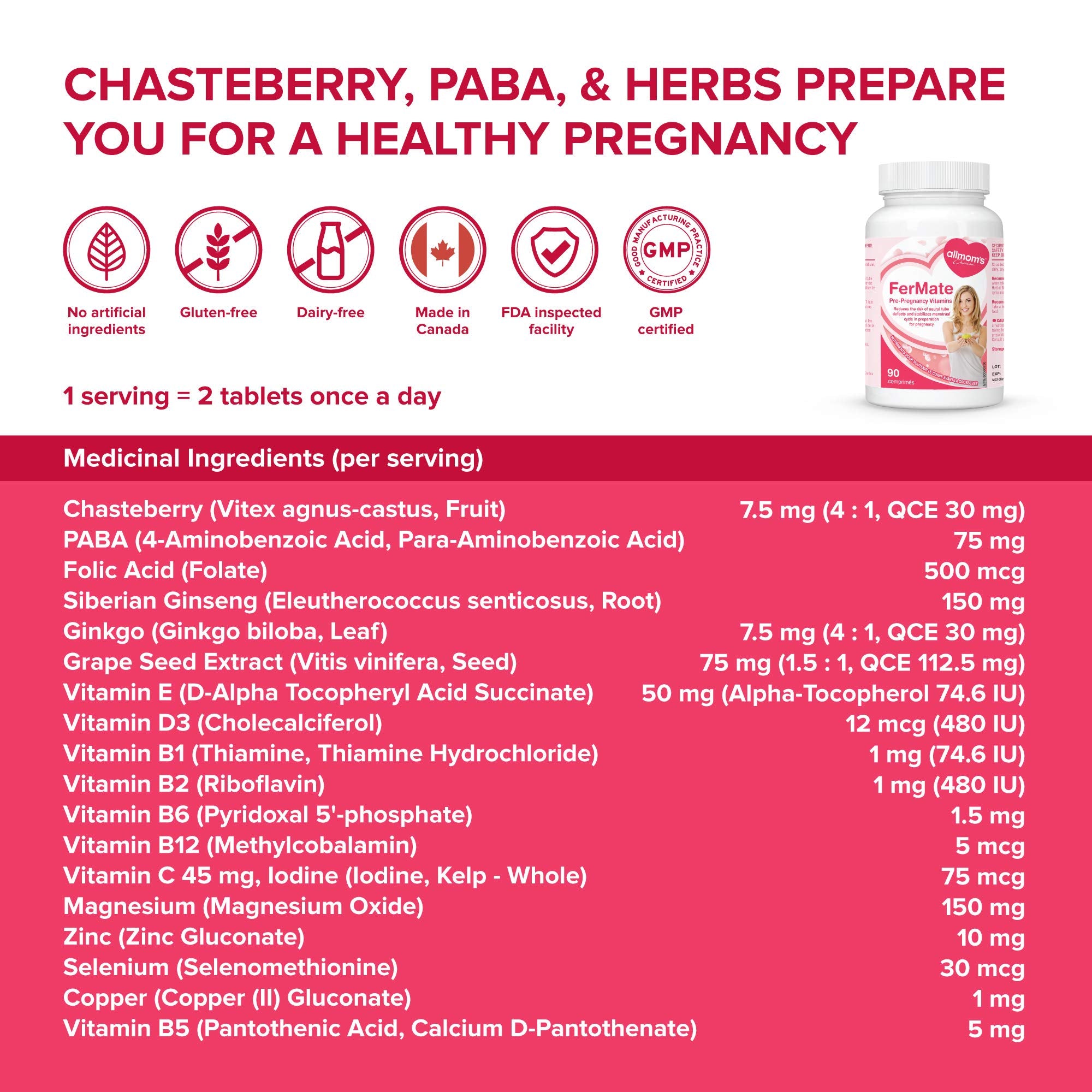 Vitamines prénatales fertilité pour femmes qui essaient de concevoir, favorise des cycles sains, aide à la fertilité - Vitex (gattilier), PABA, Folate Acide Folique 500mcg, B12, Zinc - 45 jours d'approvisionnement - Allmom's Choice