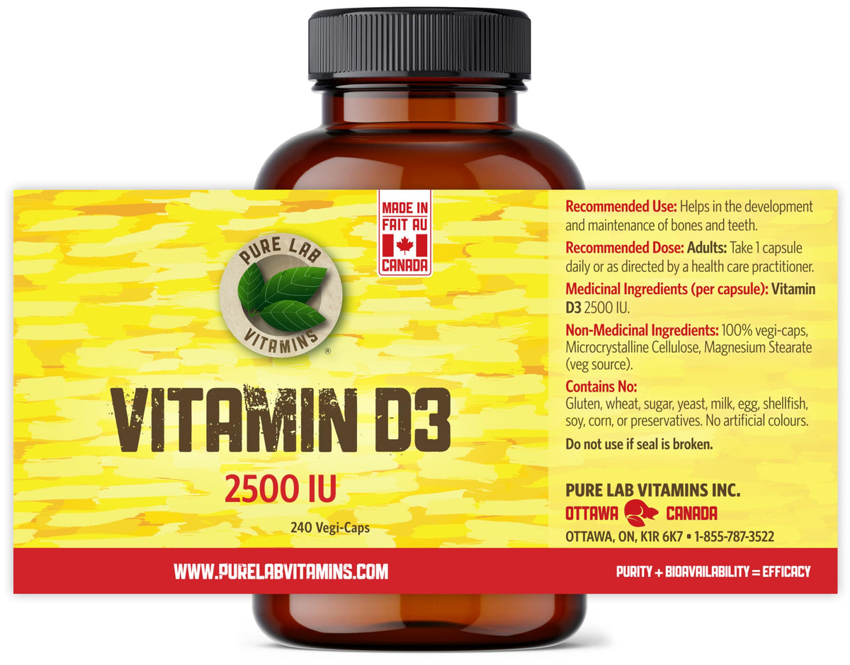 Pure Lab Vitamins | Vitamin D3 2500IU | 240 Capsules | Mood Booster, Bone Health, Teeth Health & Immune System Support | Vitamin D3 Cholecalciferol | Vitamin D3 Capsules | Vitamin D3 Supplement