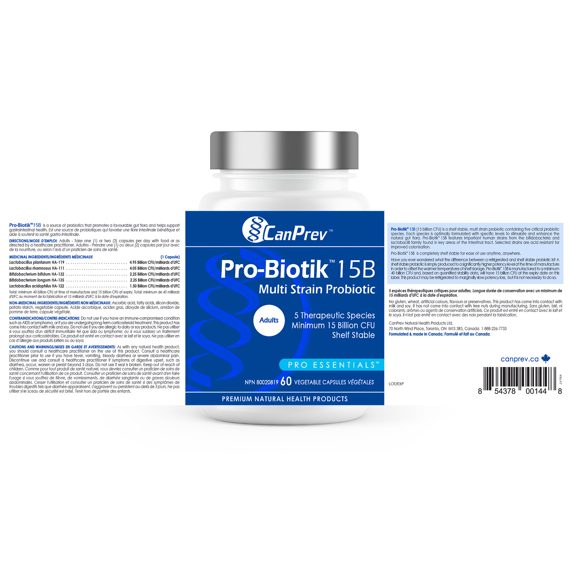 CanPrev Pro-Biotik 15 milliards UFC, 60 végicaps, 60 jours d'approvisionnement - Sans OGM et sans gluten - Formule avancée pour la santé intestinale avec 5 souches probiotiques - Favorise l'équilibre digestif et soulage les ballonnements