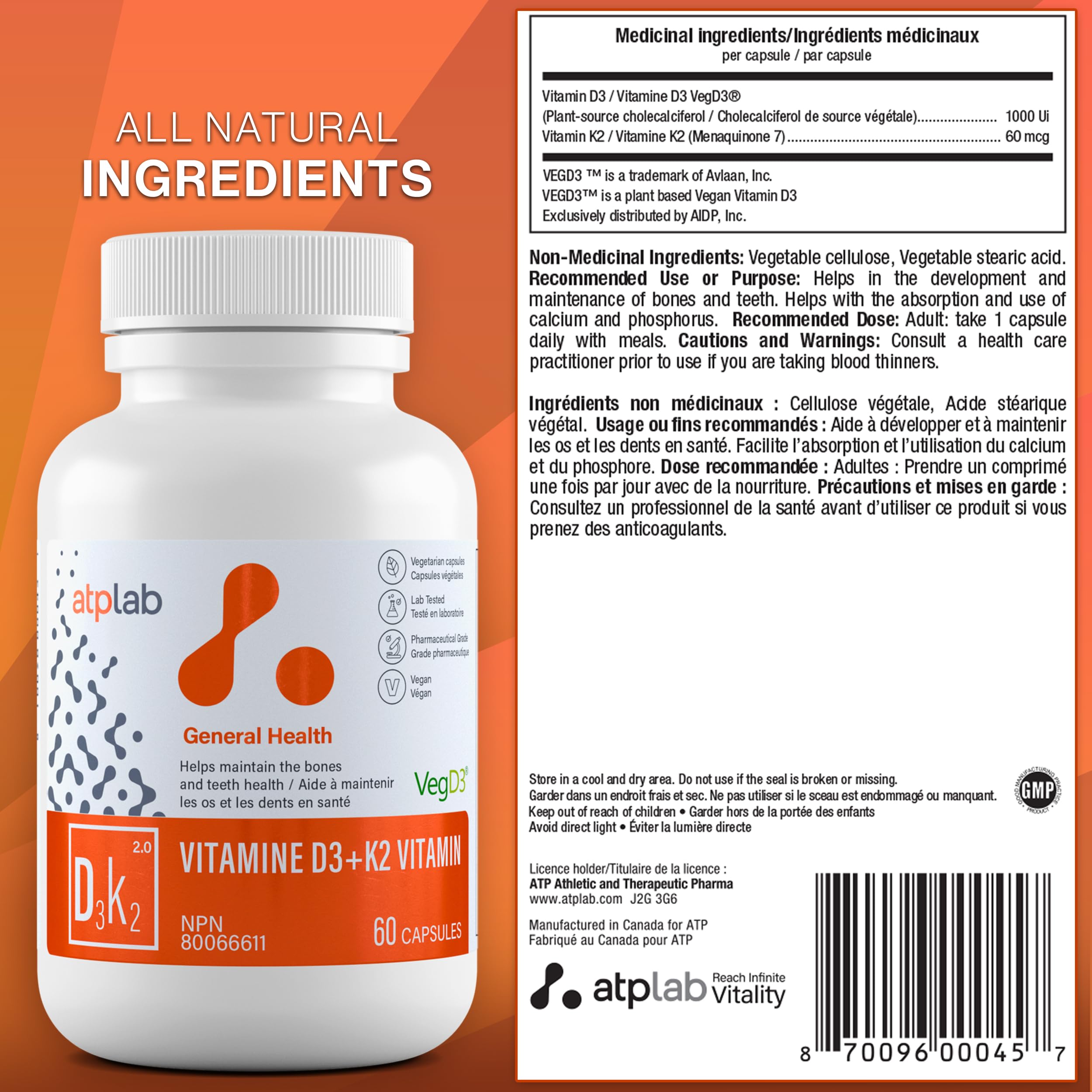 ATP LAB - Vitamine D3 K2 60 Gélules Fourniture de 60 Jours - Complément de Vitamines K2 MK-7 D3 - Os Sains, Dents Saines, Muscles Sains - Complément de Vitamines K2 D3 - D3 K2 Végétalien