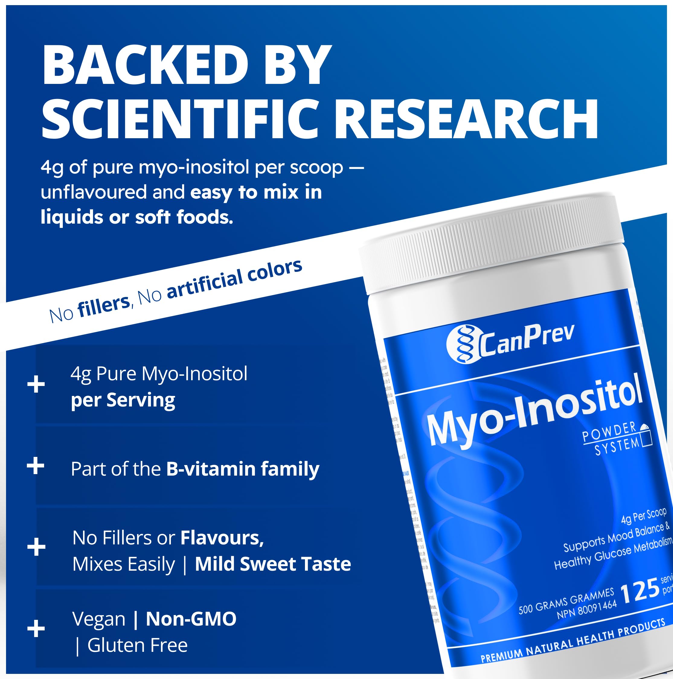 CanPrev Myo-Inositol Poudre 500g, 125 portions, Supplément SOPK pour femmes, Soutient le métabolisme du glucose, la fonction ovulatoire, la santé et le bien-être cellulaire