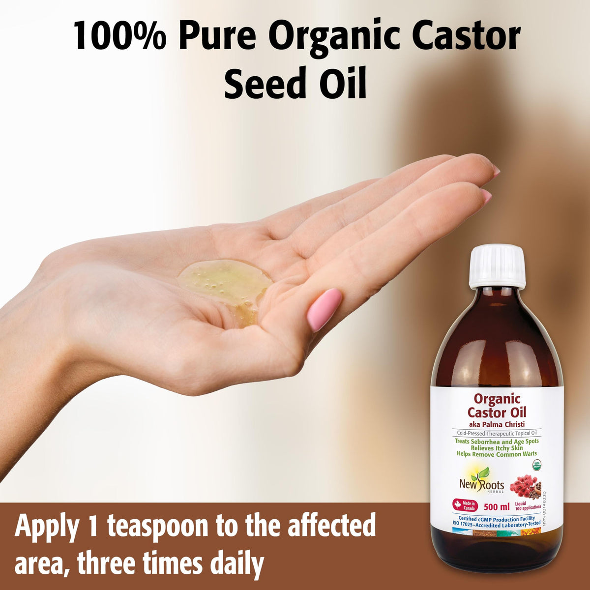 NEW ROOTS HERBAL Moisturizing Organic Castor Oil, 500 ml, Unscented, for Dry Skin, Cold-Pressed, Hexane-Free, Single Ingredient, Oil