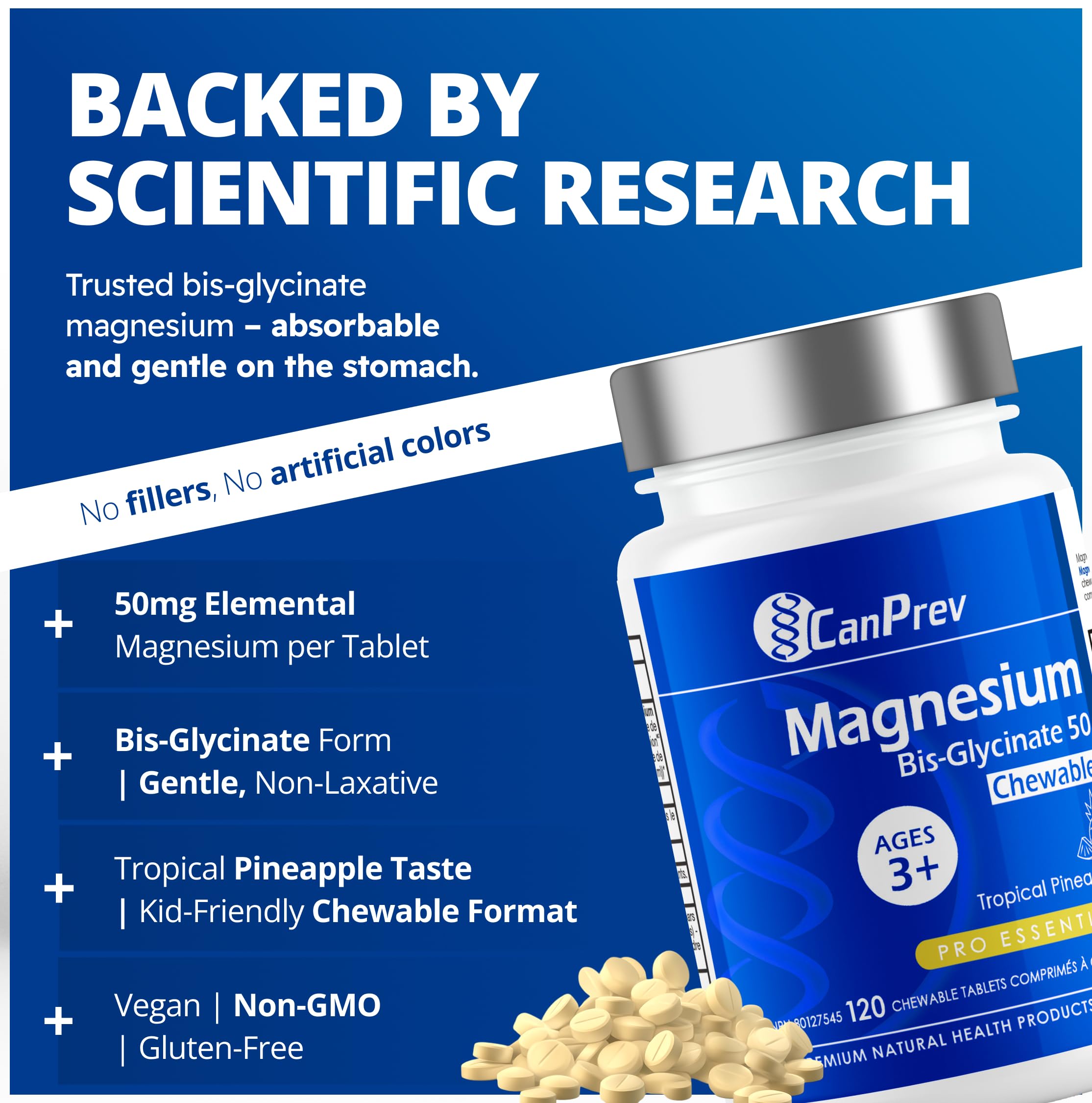 CanPrev Bisglycinate de Magnésium 50 mg, 120 Comprimés à Croquer, Pour 120 Jours, Saveur Ananas Tropical, Végétalien et Sans Sucre, Doux, Facile à Absorber, Favorise la Relaxation, le Confort Musculaire et le Bien-Être Quotidien
