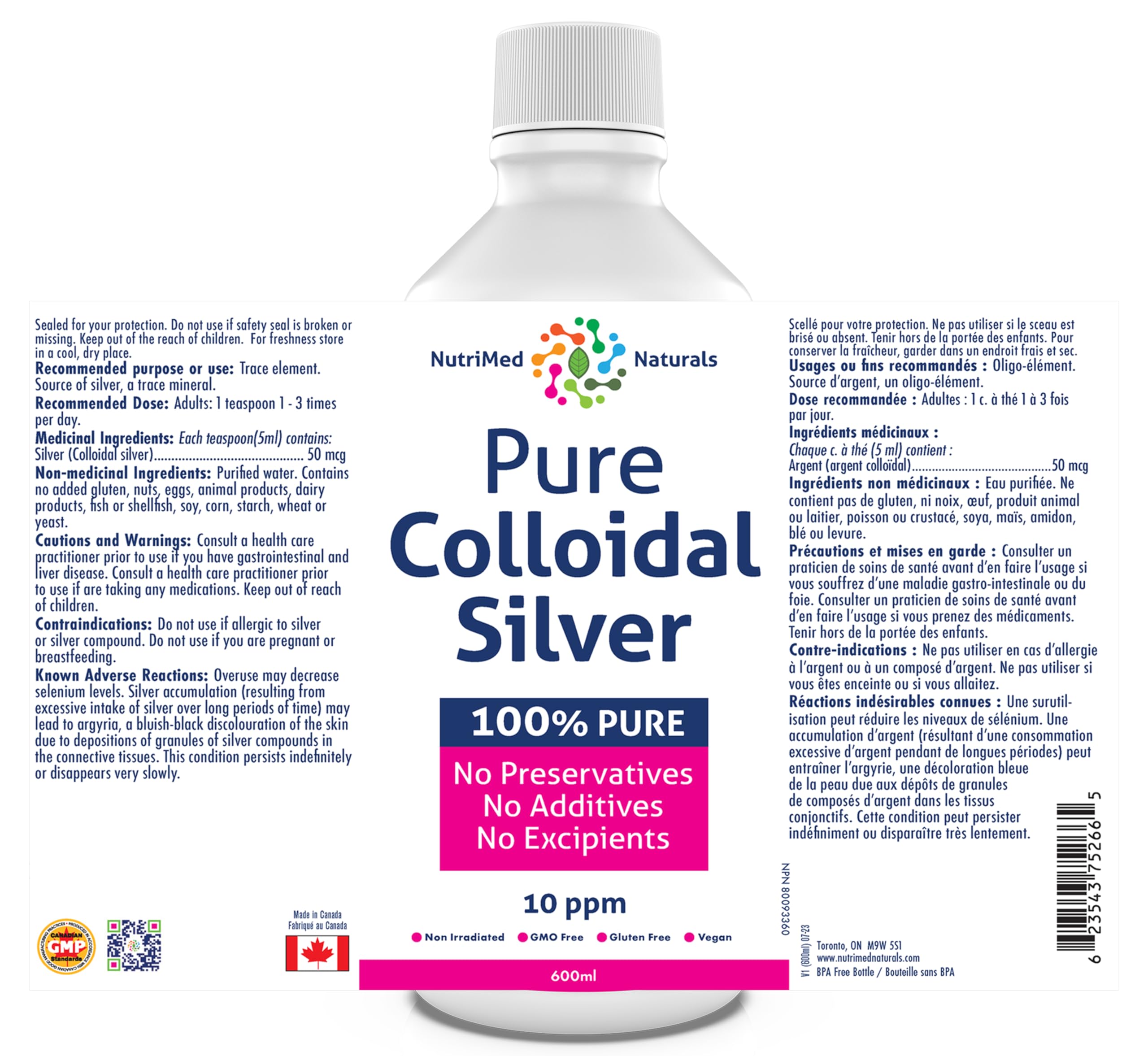 Nutrimed Naturals - Pure Colloidal Silver 10ppm, 600ml Liquid 120-Servings - Helps Support your Immune System and Overall Vitality - Vegan & Non-GMO - 3rd Party Tested - Formulated & Made in Canada