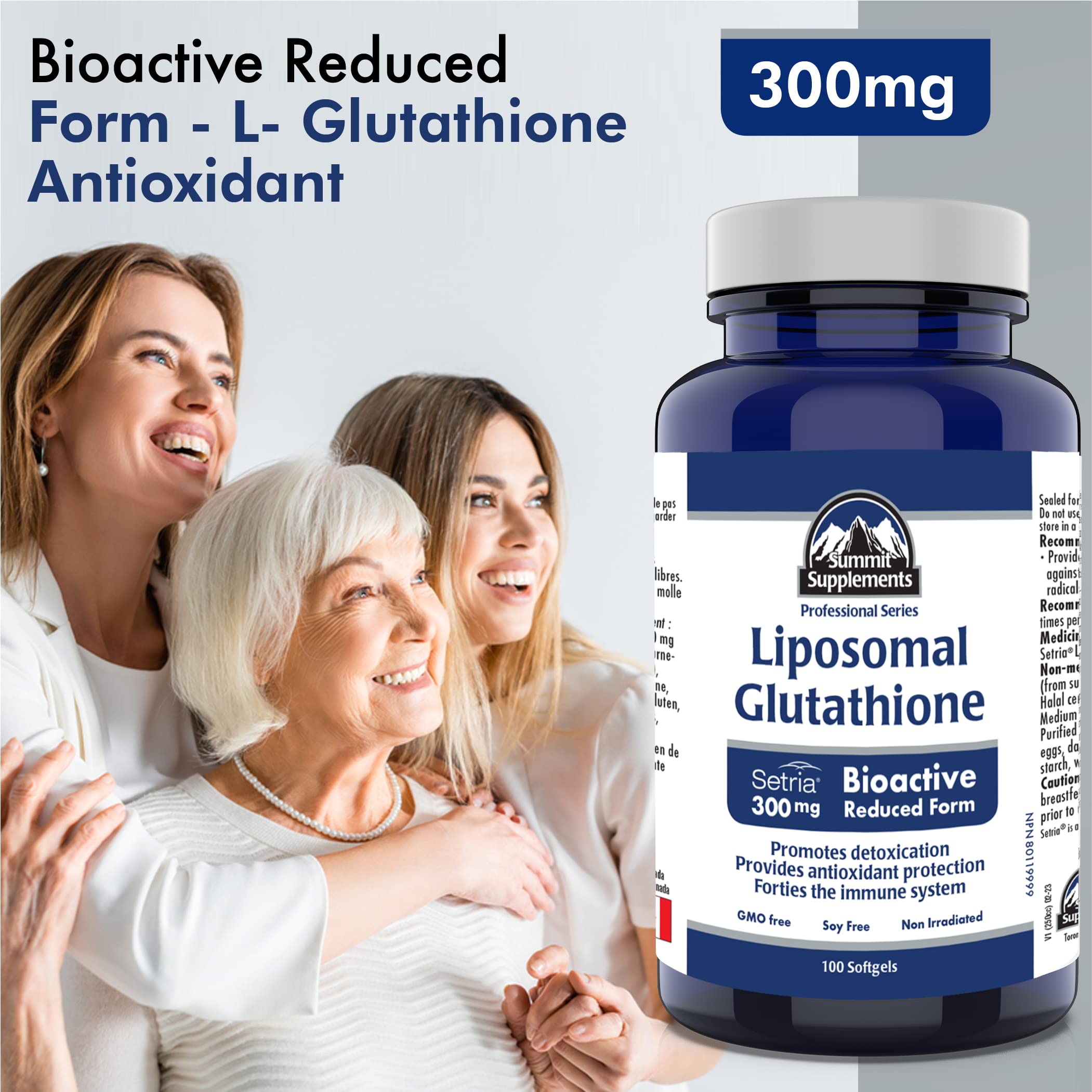 Glutathion Liposomal 300 mg, 100 gélules à enveloppe molle – 100 jours d'approvisionnement, Forme réduite Setria, Puissant antioxydant pour une peau éclatante, l'énergie et le bien-être, Sans OGM, Sans soja, Fièrement canadien, Bilan plastique négatif