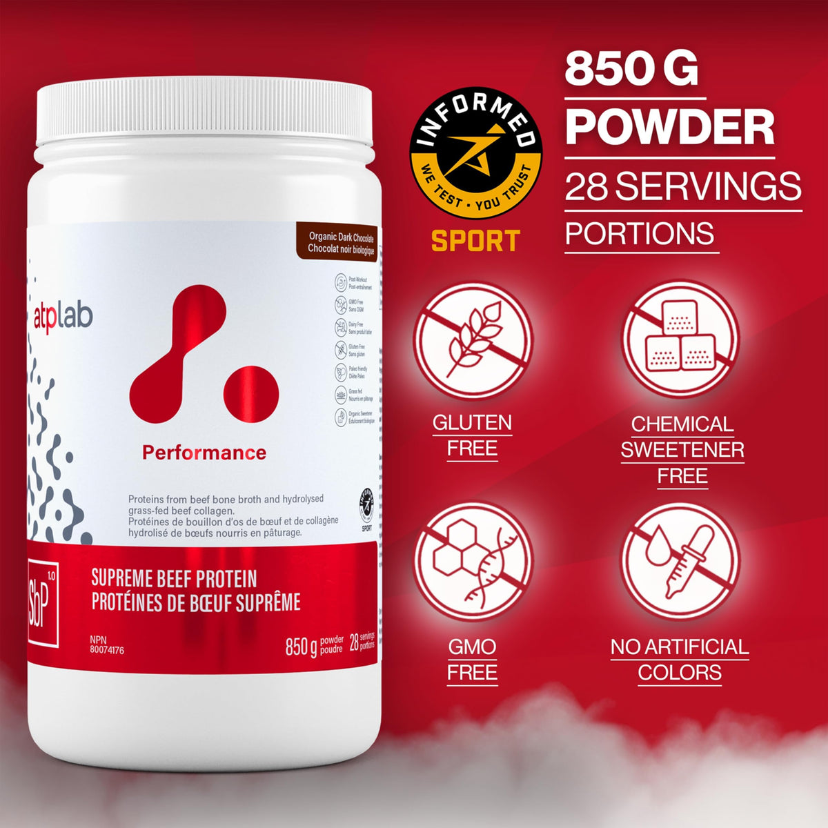 atplab Supreme Beef Protein Powder, Chocolate, Sugar-Free, Grass-Fed, 850g