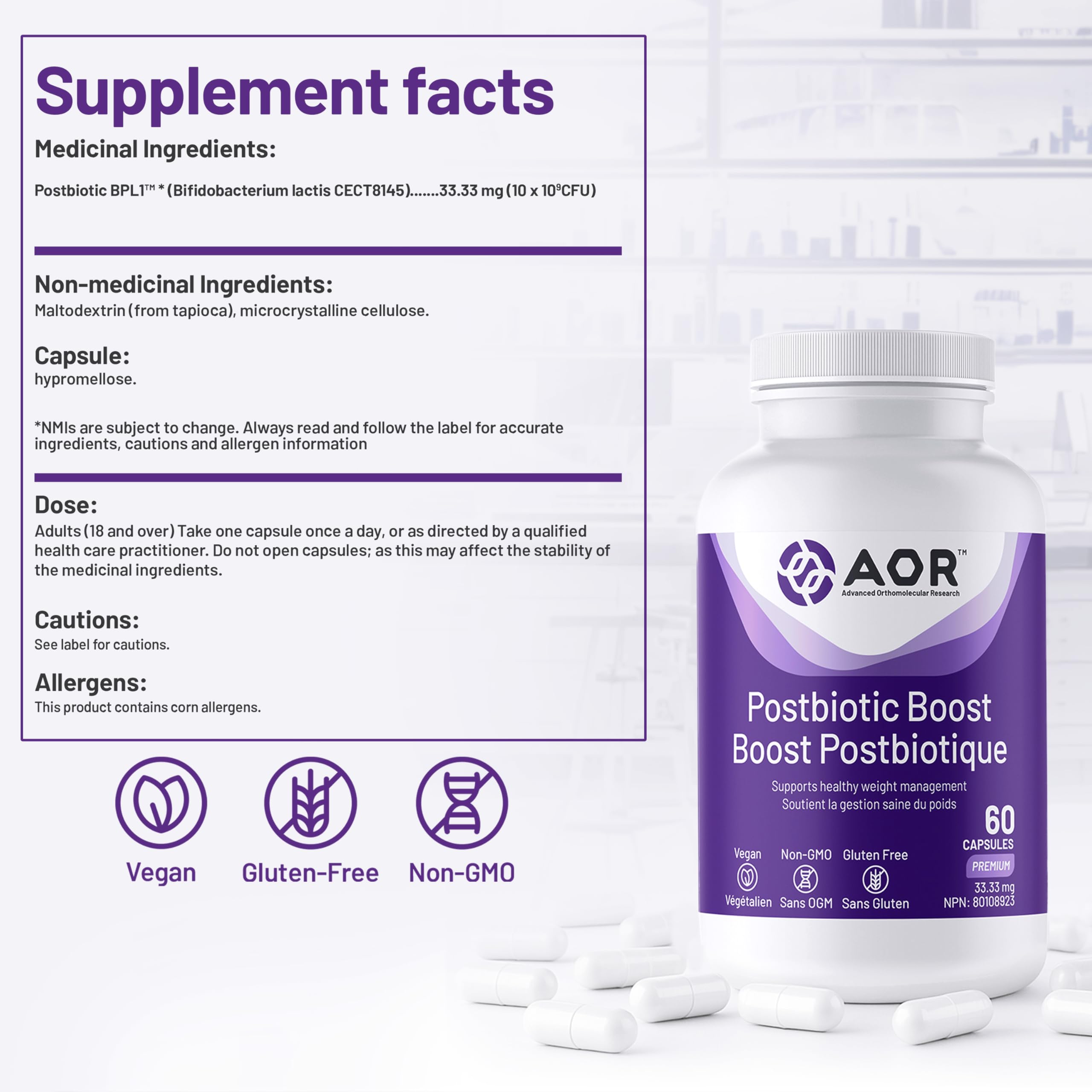 AOR Postbiotic Boost 60 gélules, 60 jours d'approvisionnement - Formule postbiotique avancée avec BPL1, favorise un mode de vie équilibré, contient du Bifidobacterium lactis CECT8145, soutient le confort digestif, végétalien, sans OGM