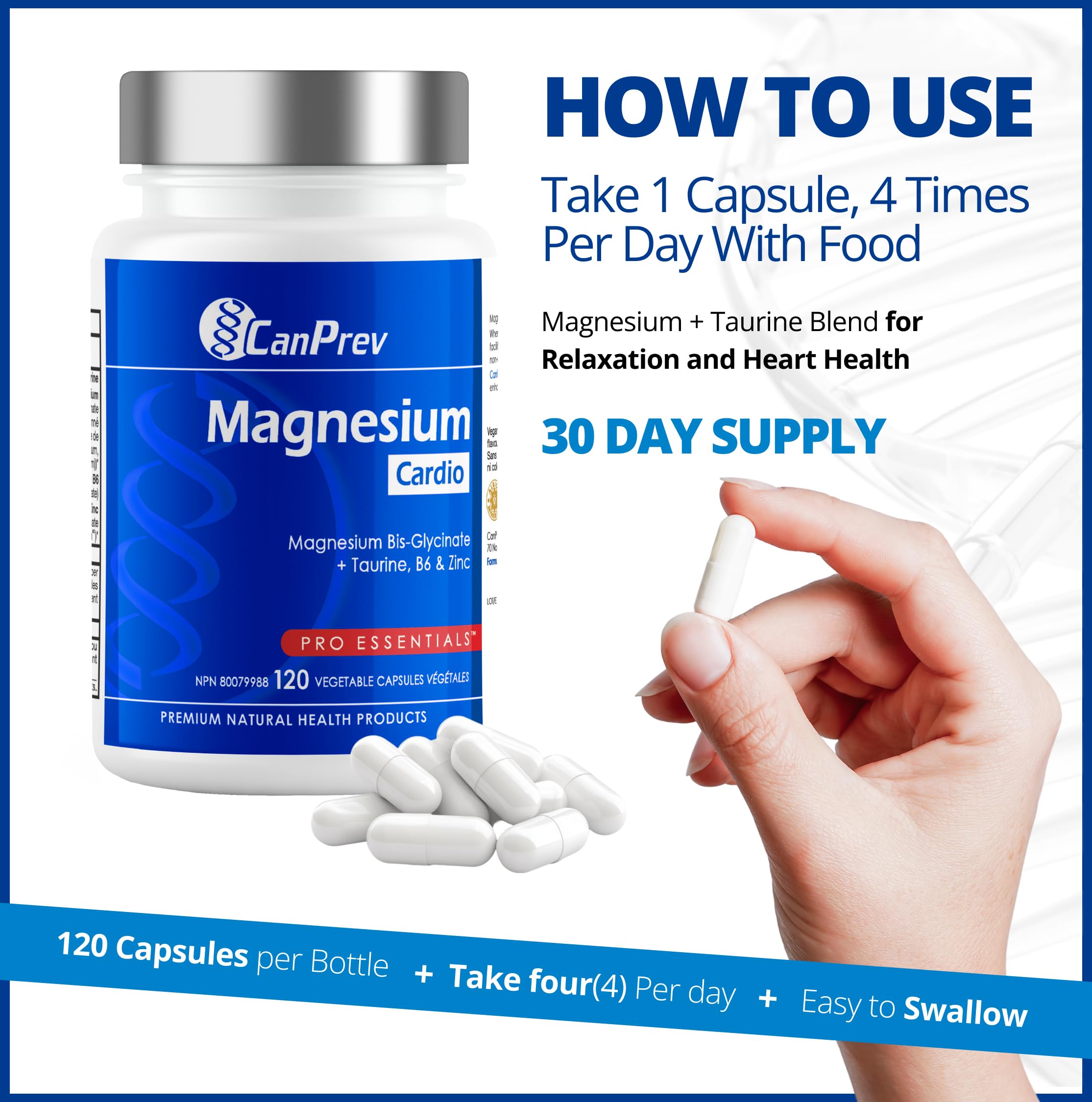 CanPrev Magnésium + Taurine, B6 et Zinc, 120 V-Caps, pour 30 jours – Formule de bisglycinate de magnésium pur, soutien de la fonction cardiaque et de la relaxation, supplément de taurine pour le calme et la vitalité – Convient aux végétaliens